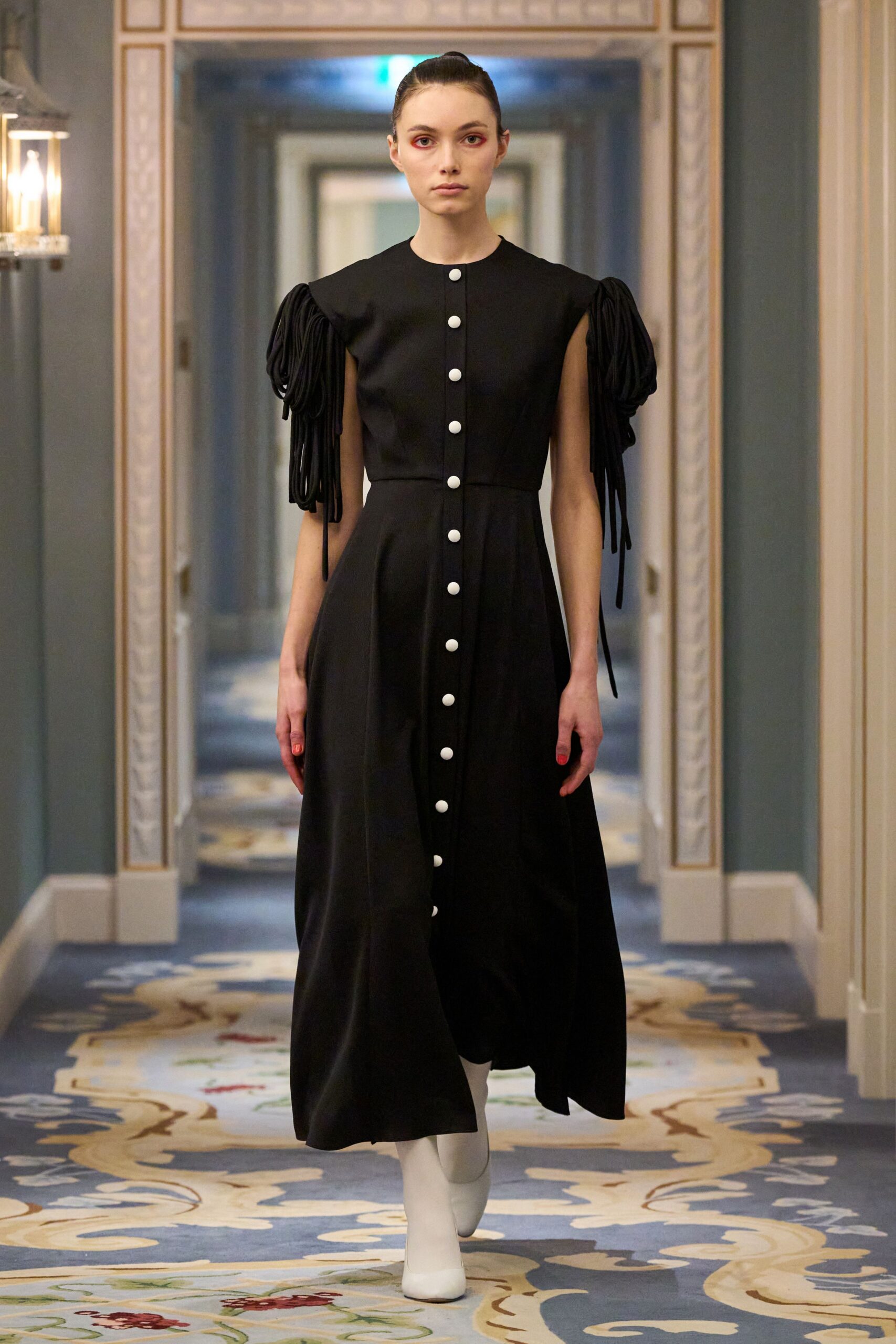 black cotton short-sleeve collared fitted buttoned fringed dress