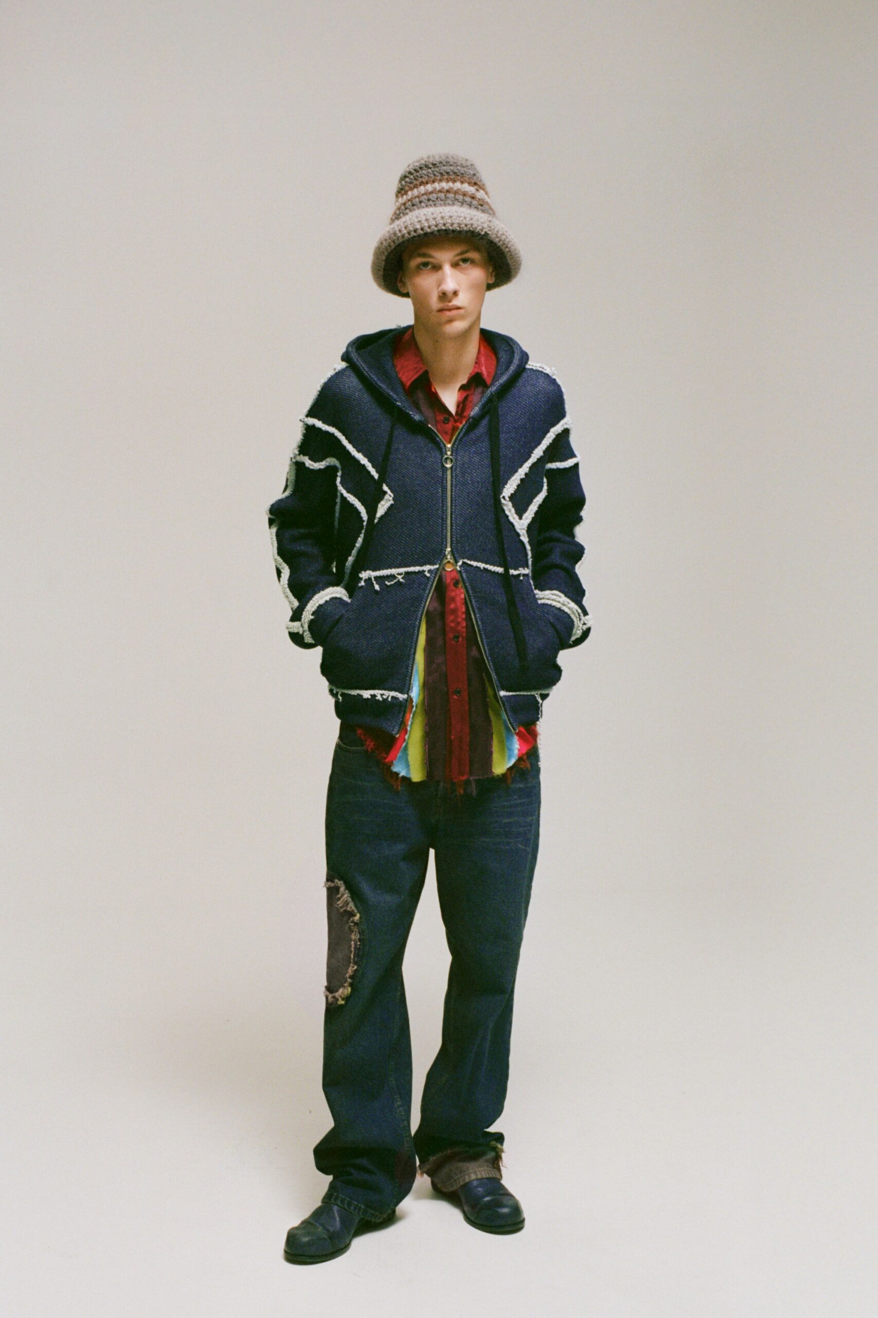 blue cotton long-sleeve hooded relaxed zippered fringed hoodie