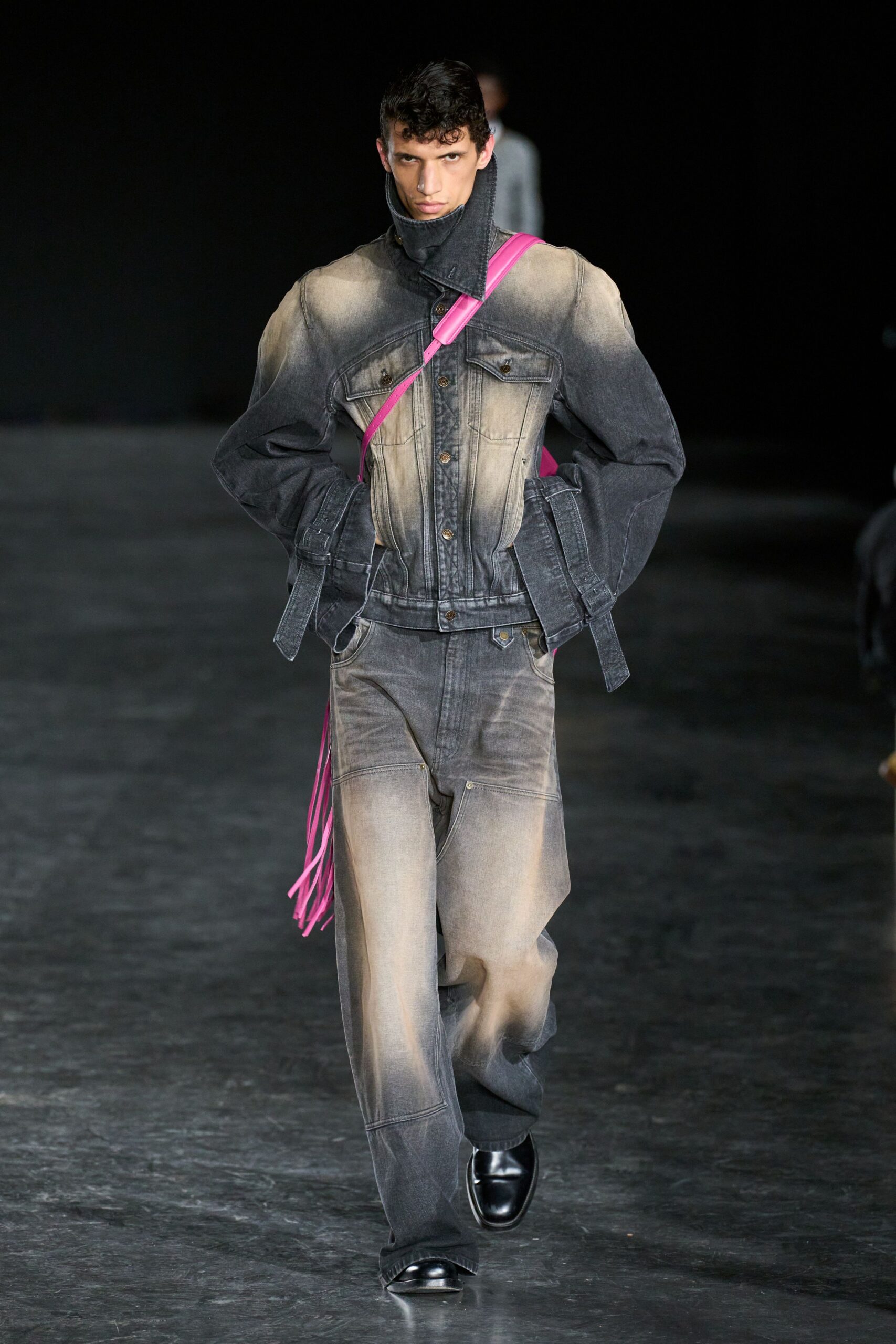 fitted denim jacket with relaxed pants