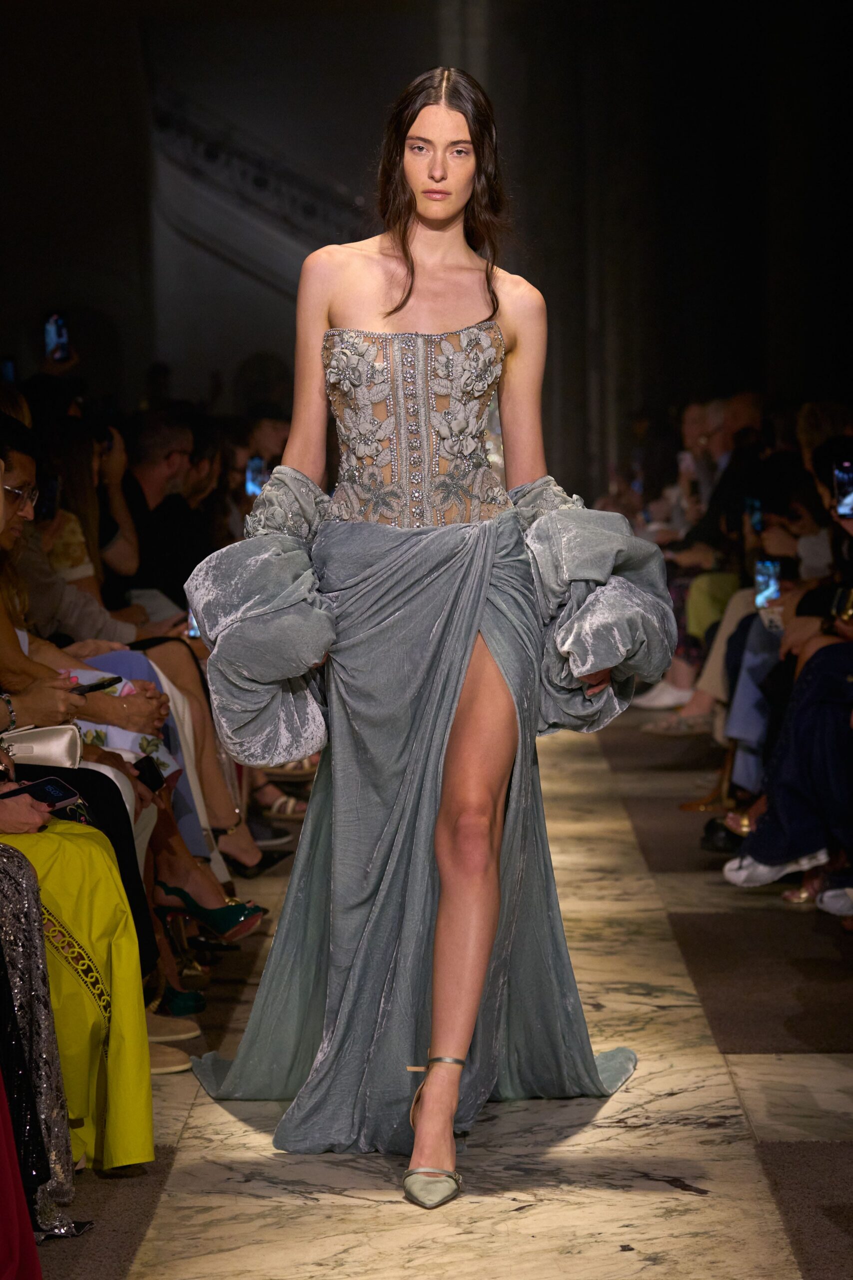 gray silk strapless high-neck fitted embroidered draped gown