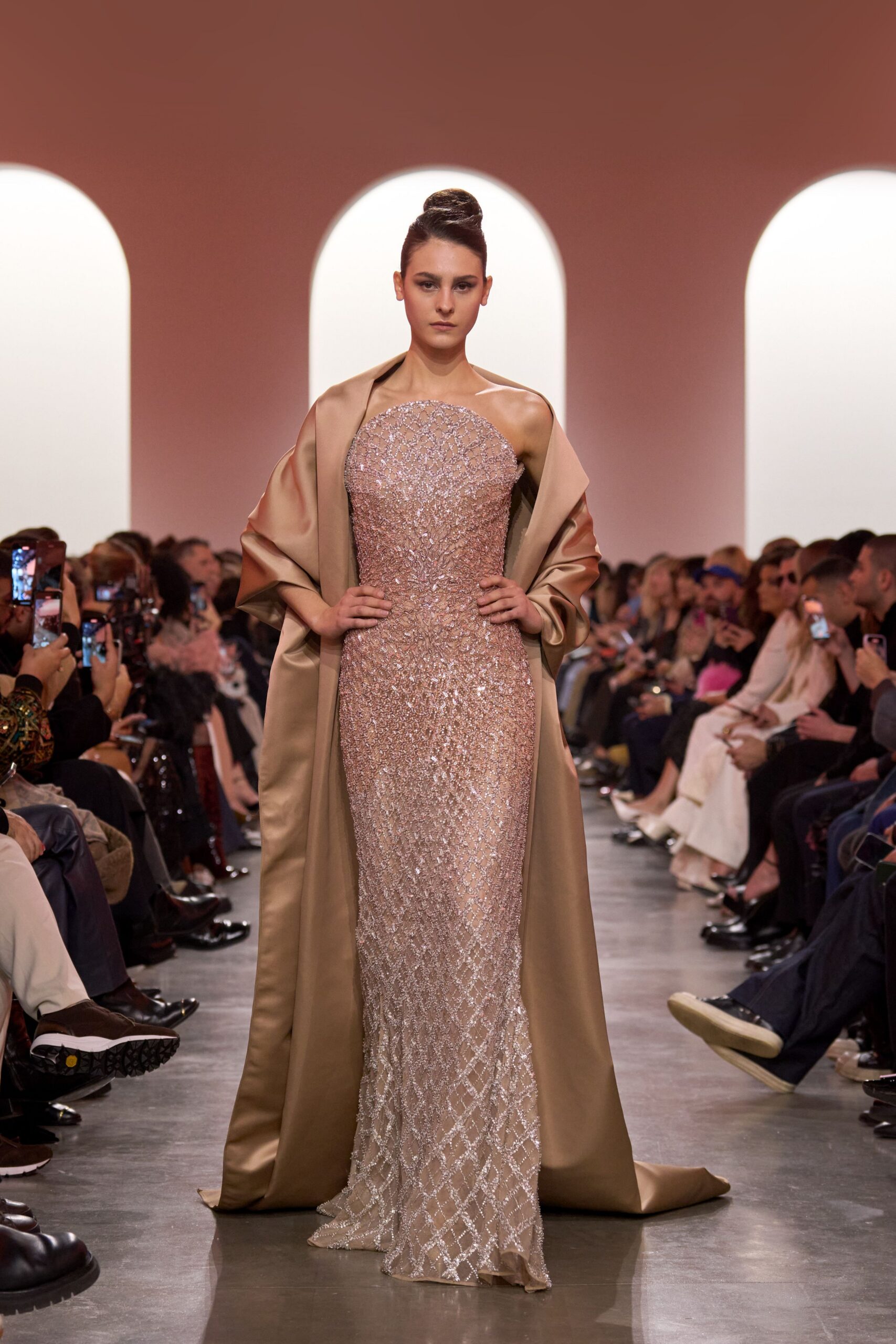beige sequin sleeveless high-neck fitted embellished shiny gown
