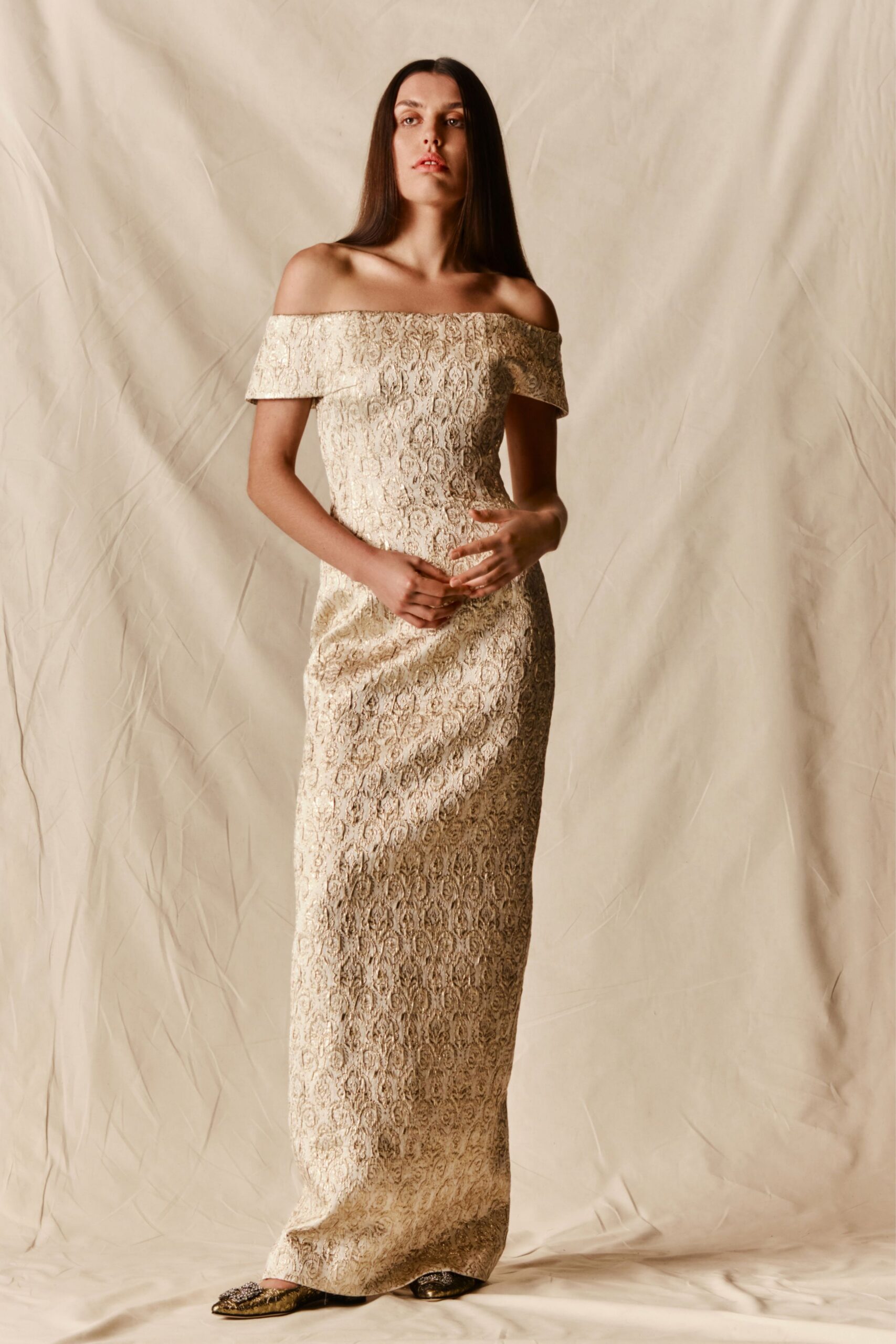 gold lace off-shoulder gown
