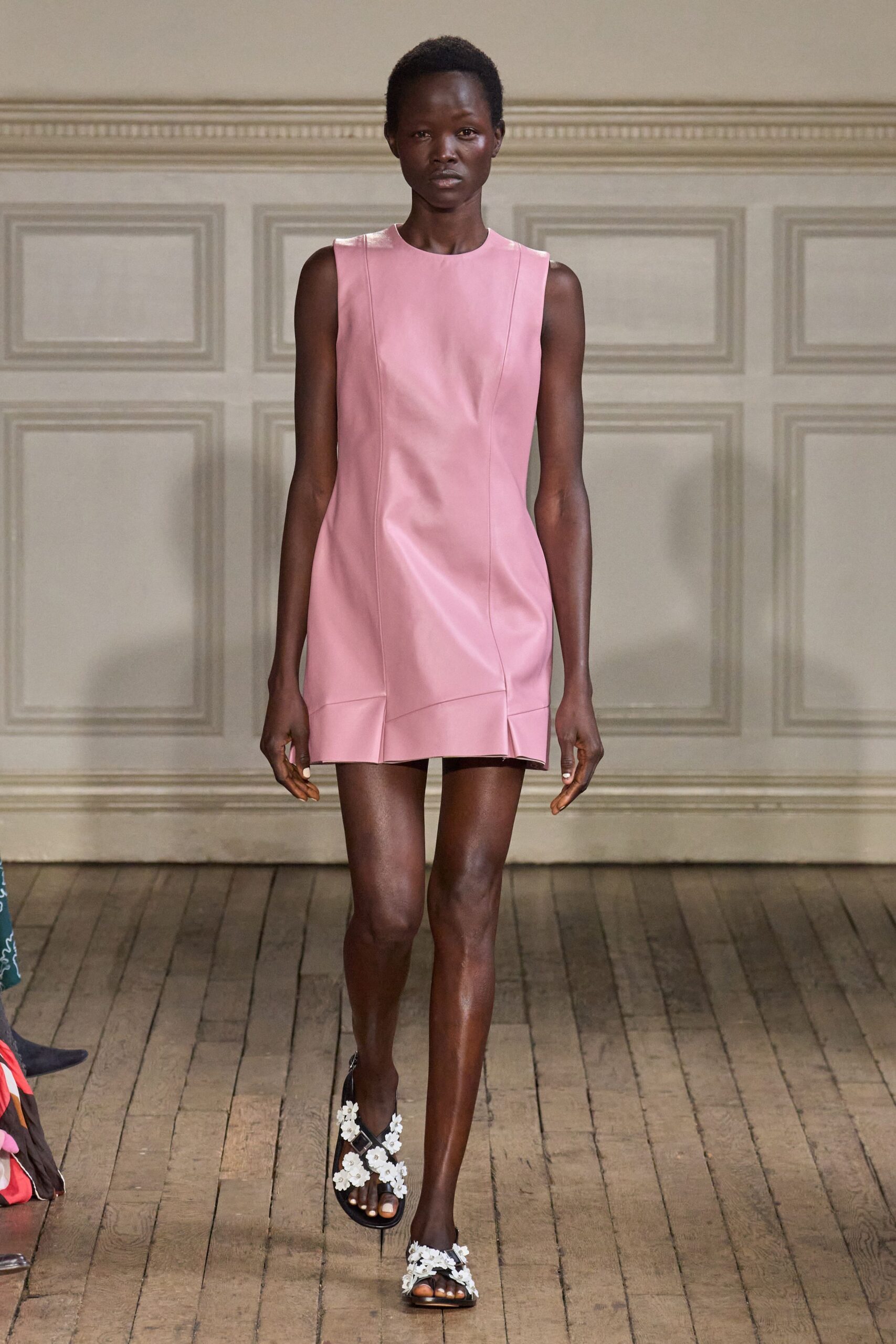 pink leather sleeveless high-neck fitted pleated mini dress