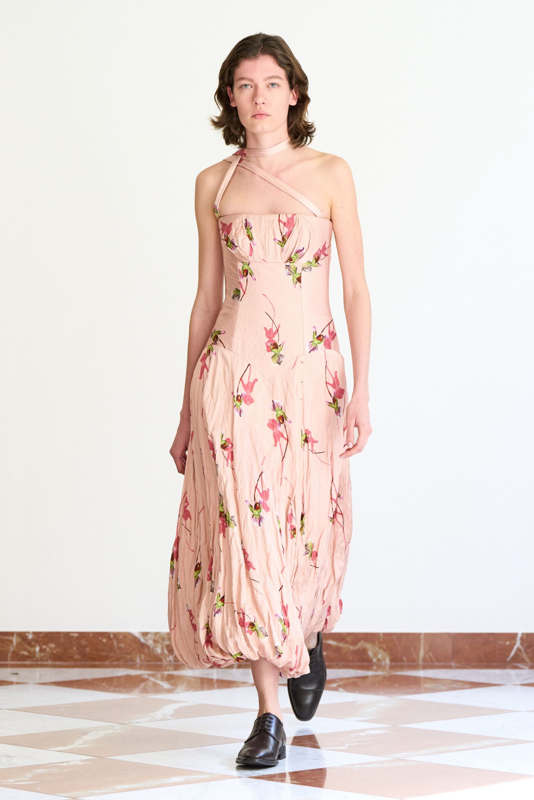 pink cotton sleeveless halter fitted floral ruched dress