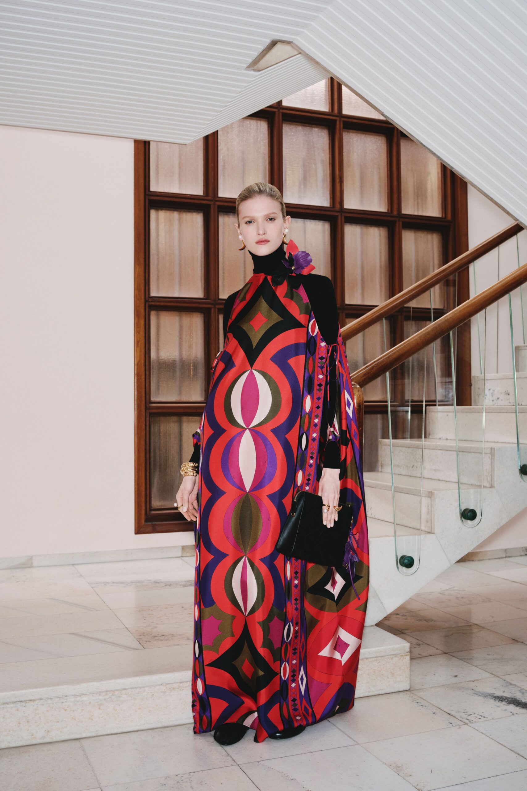 red silk long-sleeve high-neck relaxed printed draped gown