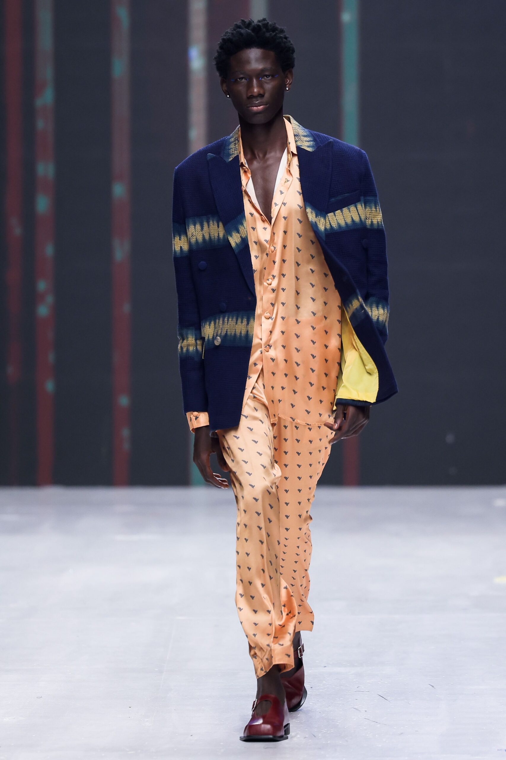 orange silk long-sleeve collared relaxed printed shirt