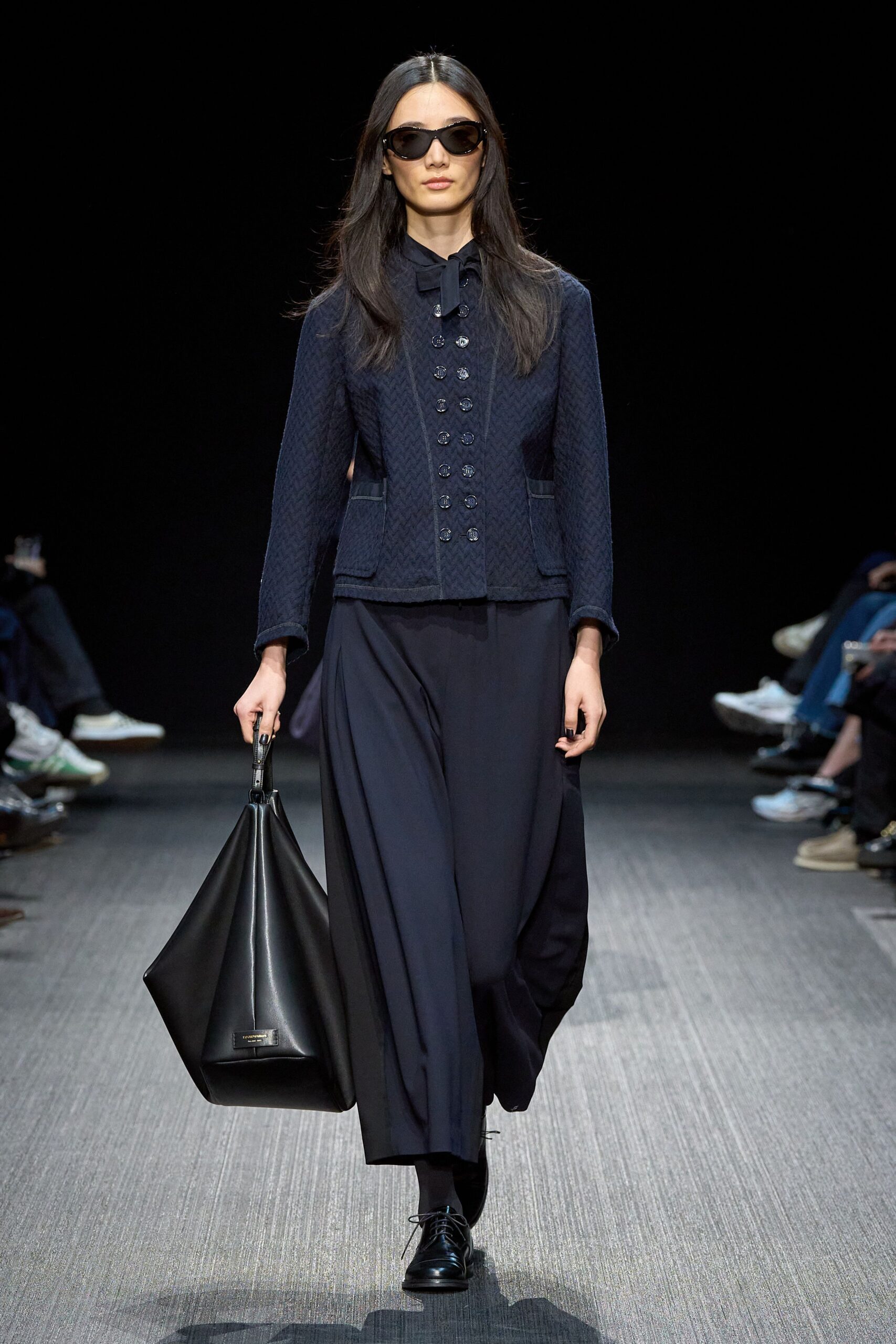 navy jacket black pants
