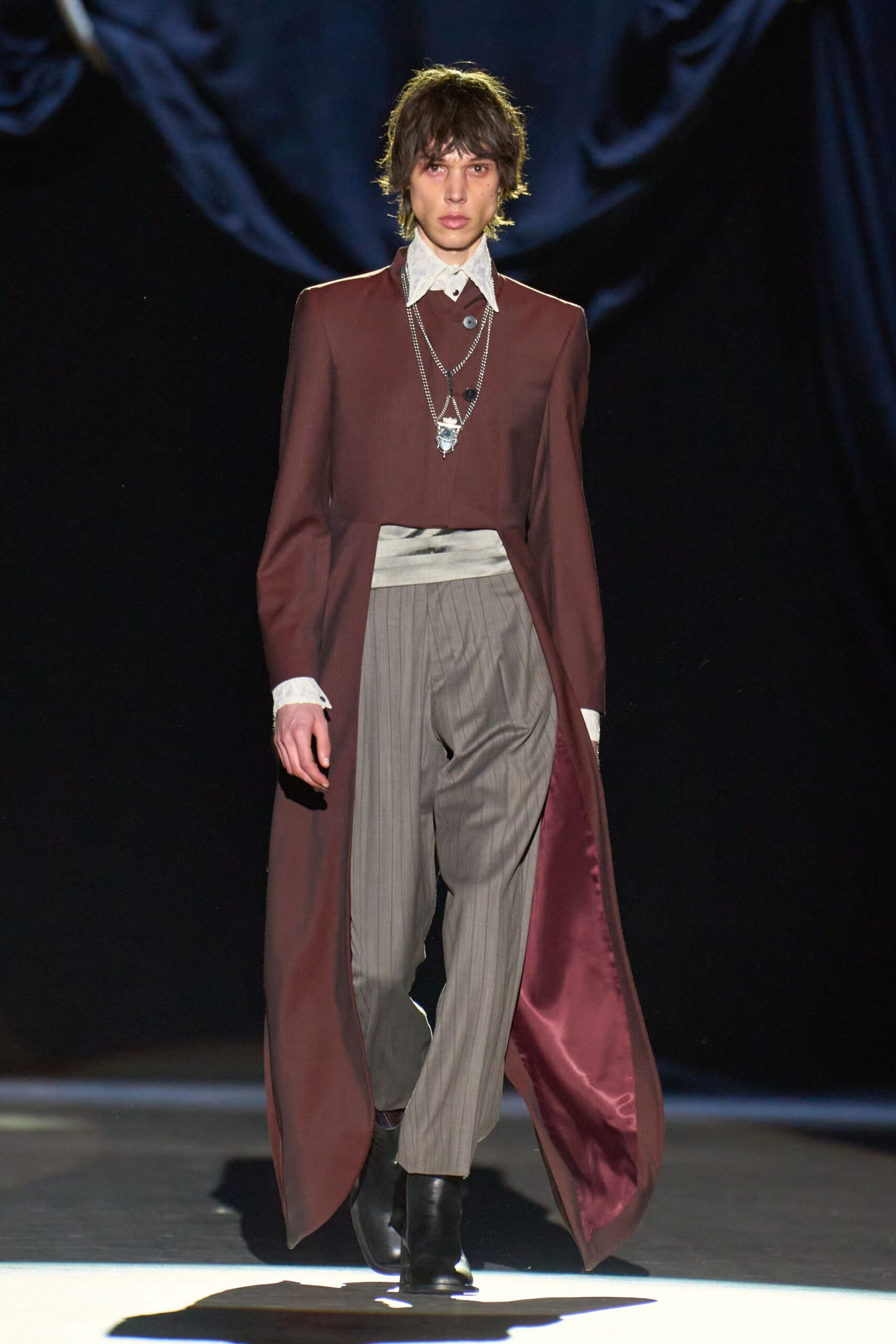 brown silk long-sleeve collared fitted maxi coat
