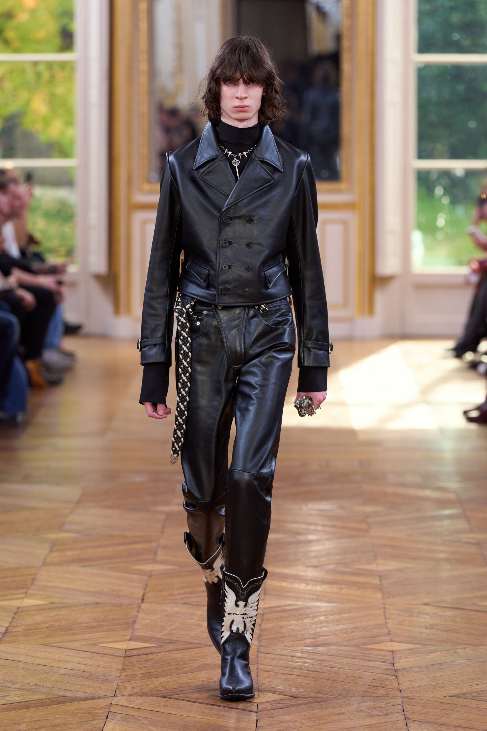 black leather fitted jacket and pants