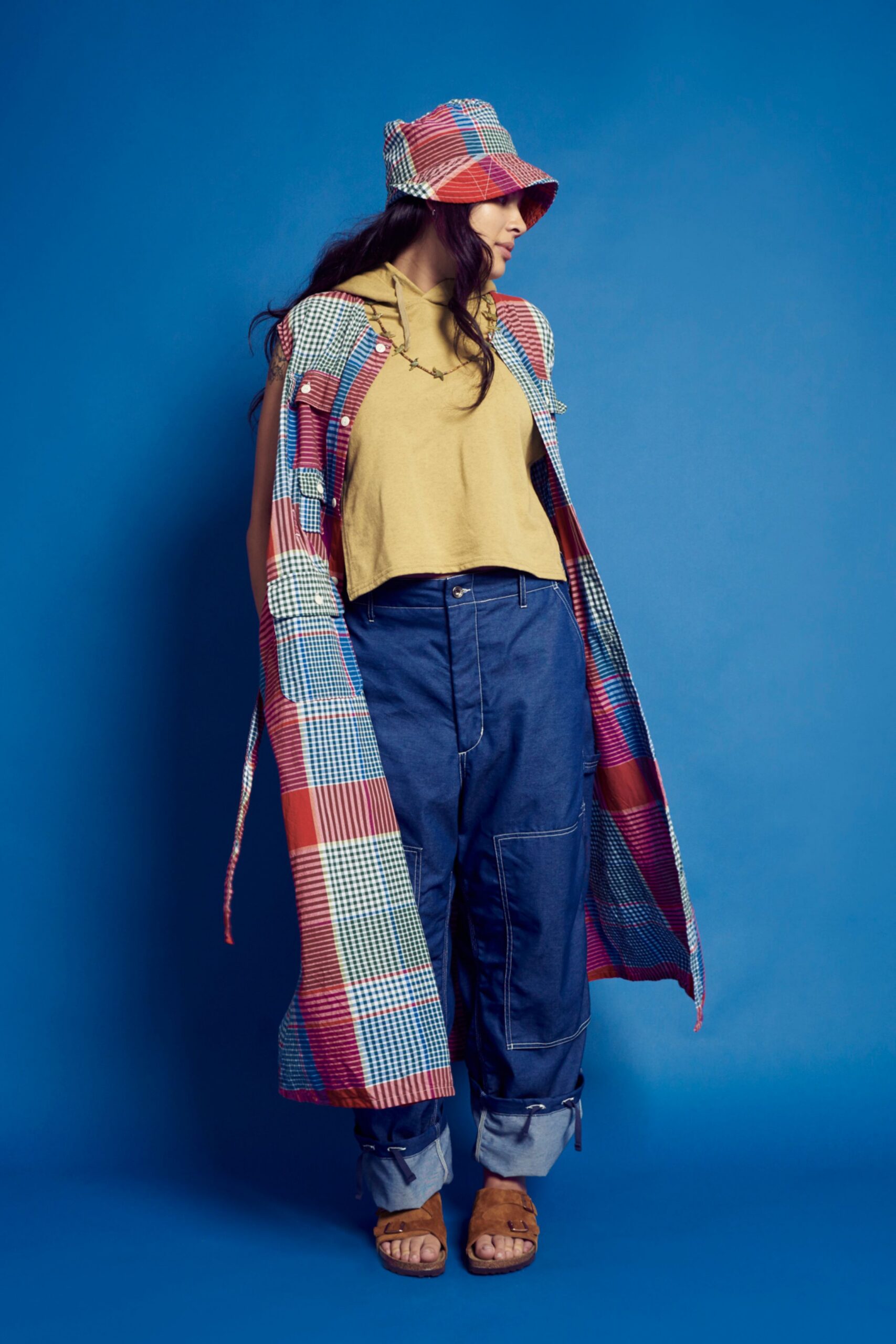 multi cotton sleeveless relaxed layered buttoned vest