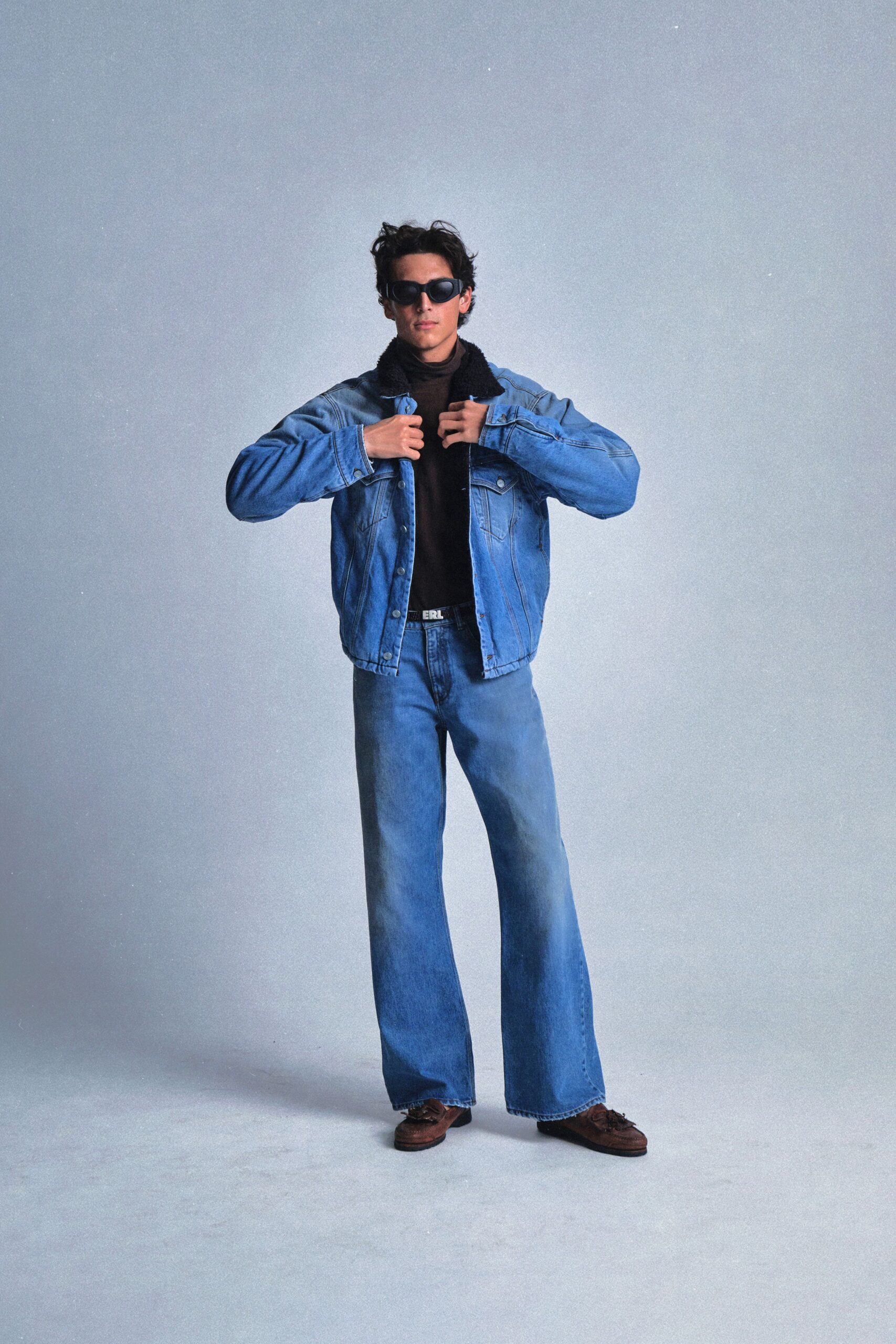 blue denim relaxed flared pants