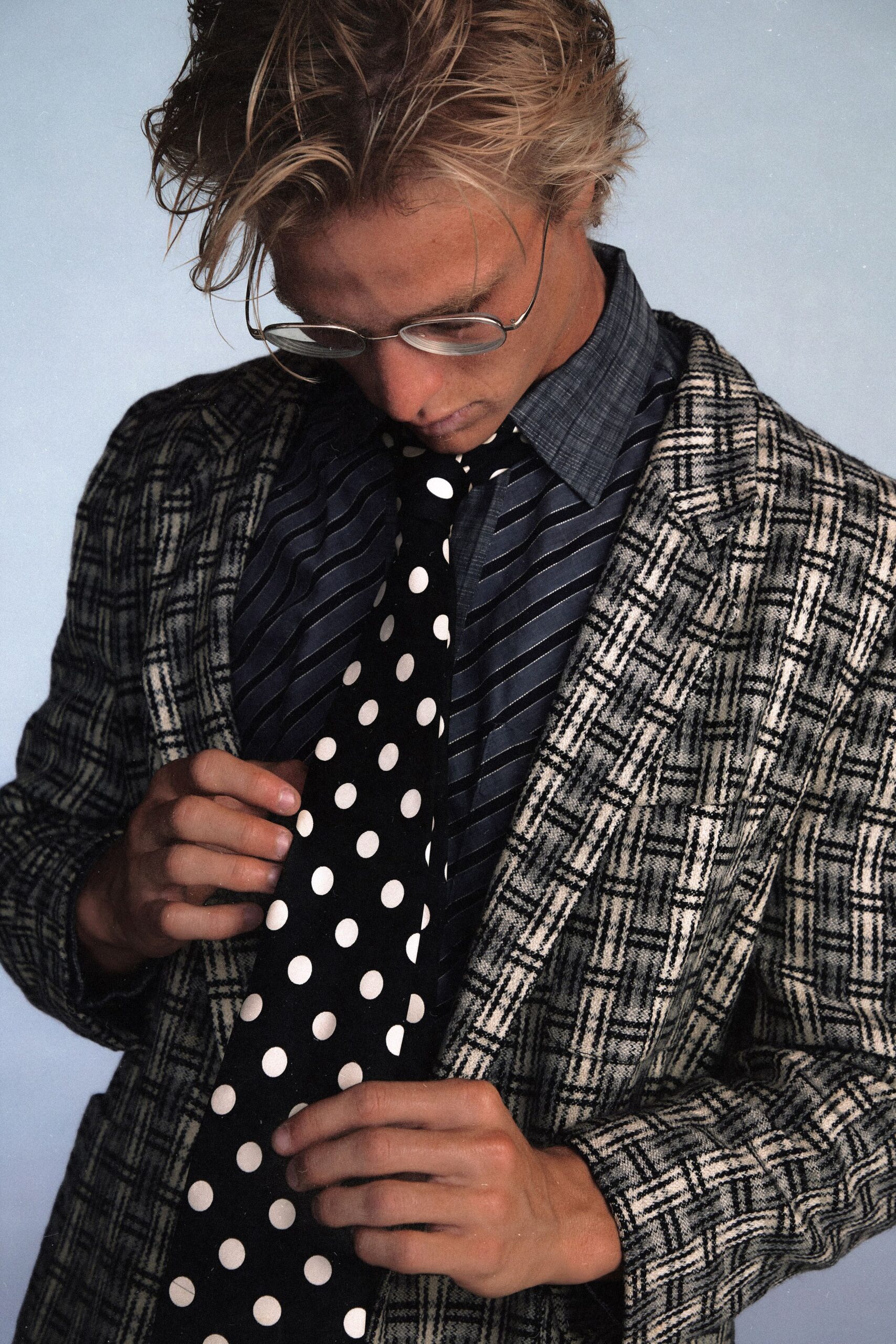 checked blazer with striped shirt