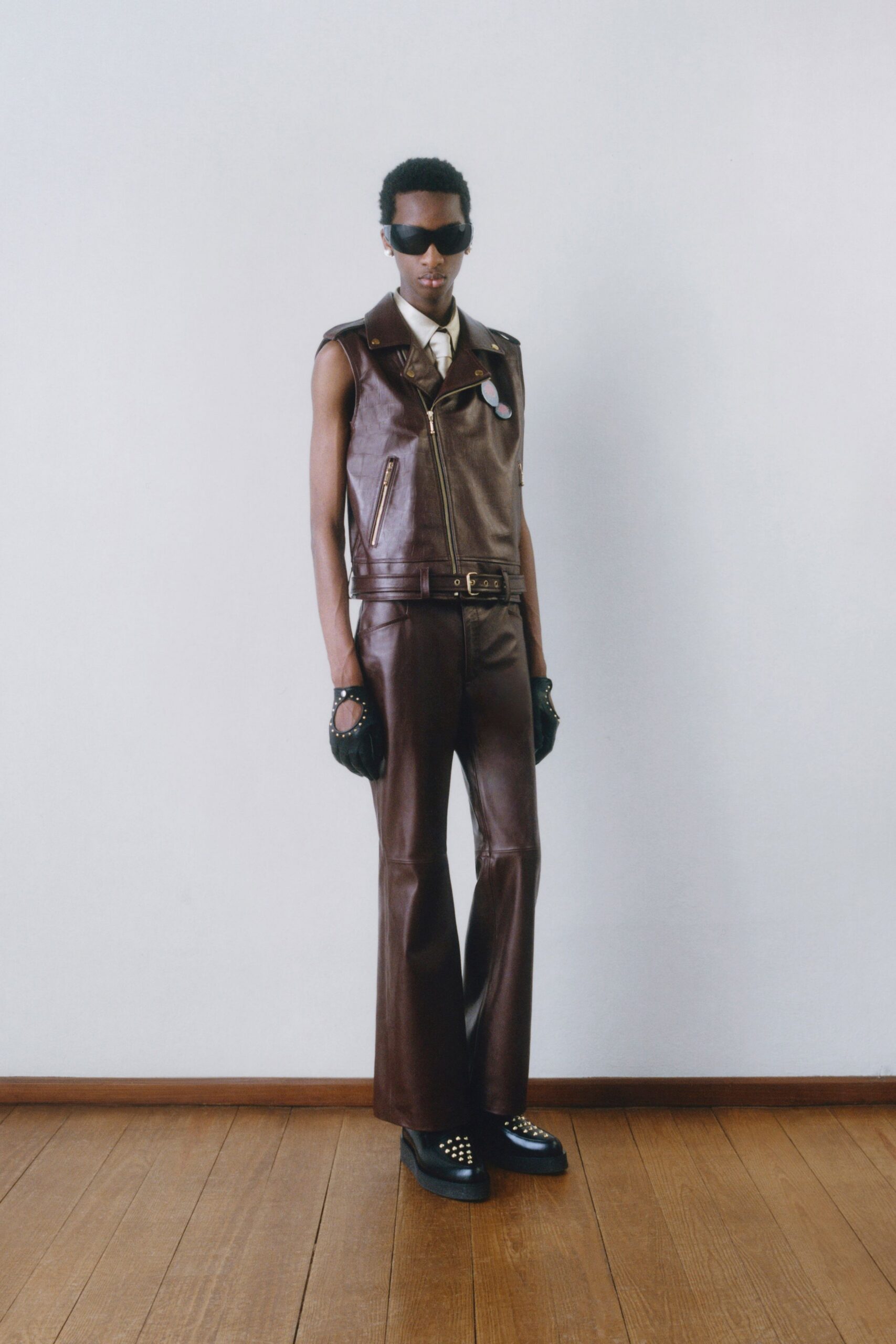 brown leather long-sleeve fitted flared pants