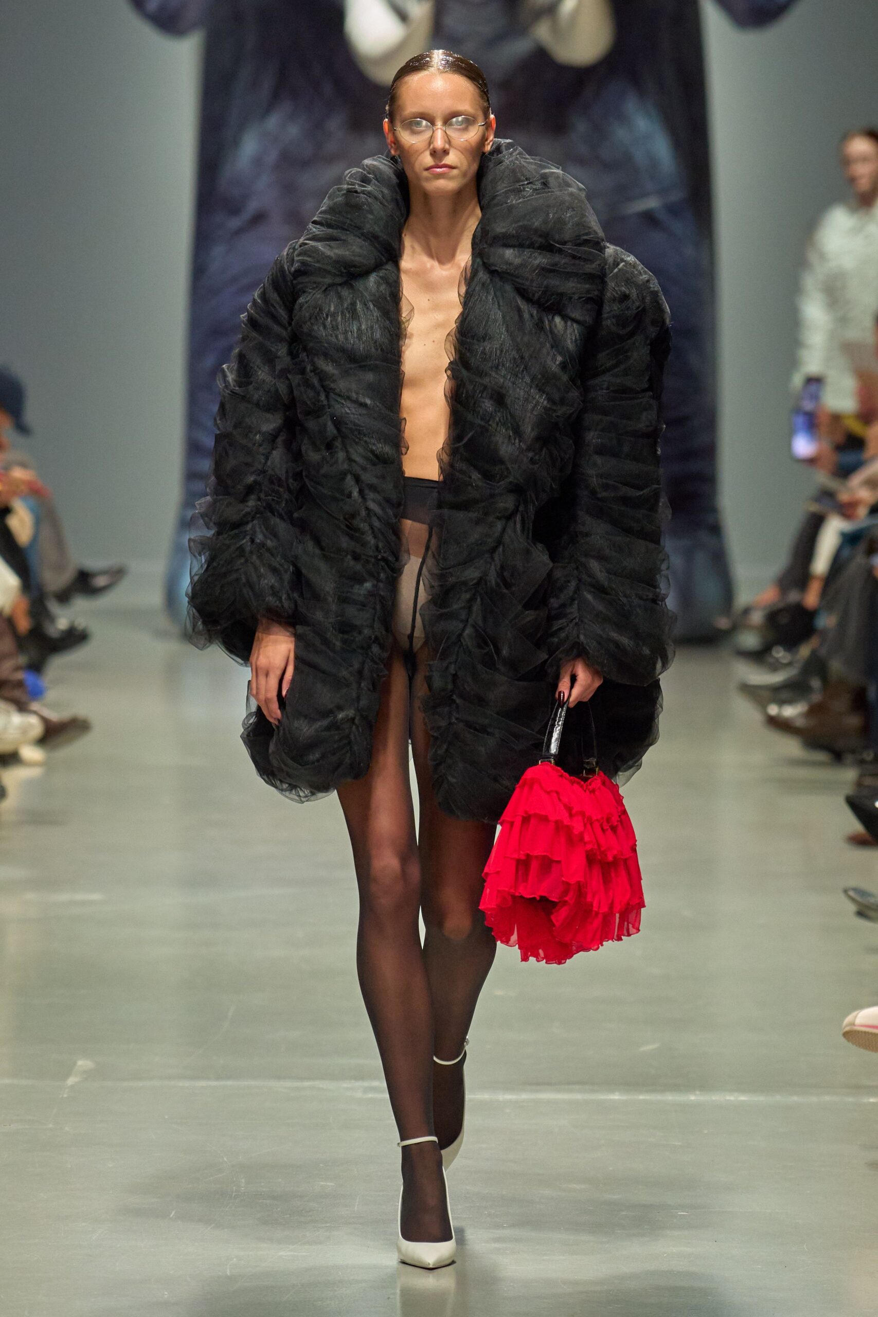 black faux-fur relaxed ruffled coat