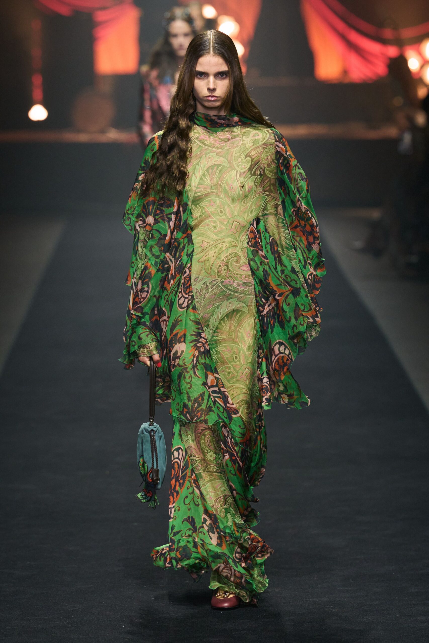 green chiffon long-sleeve v-neck fitted flared layered dress