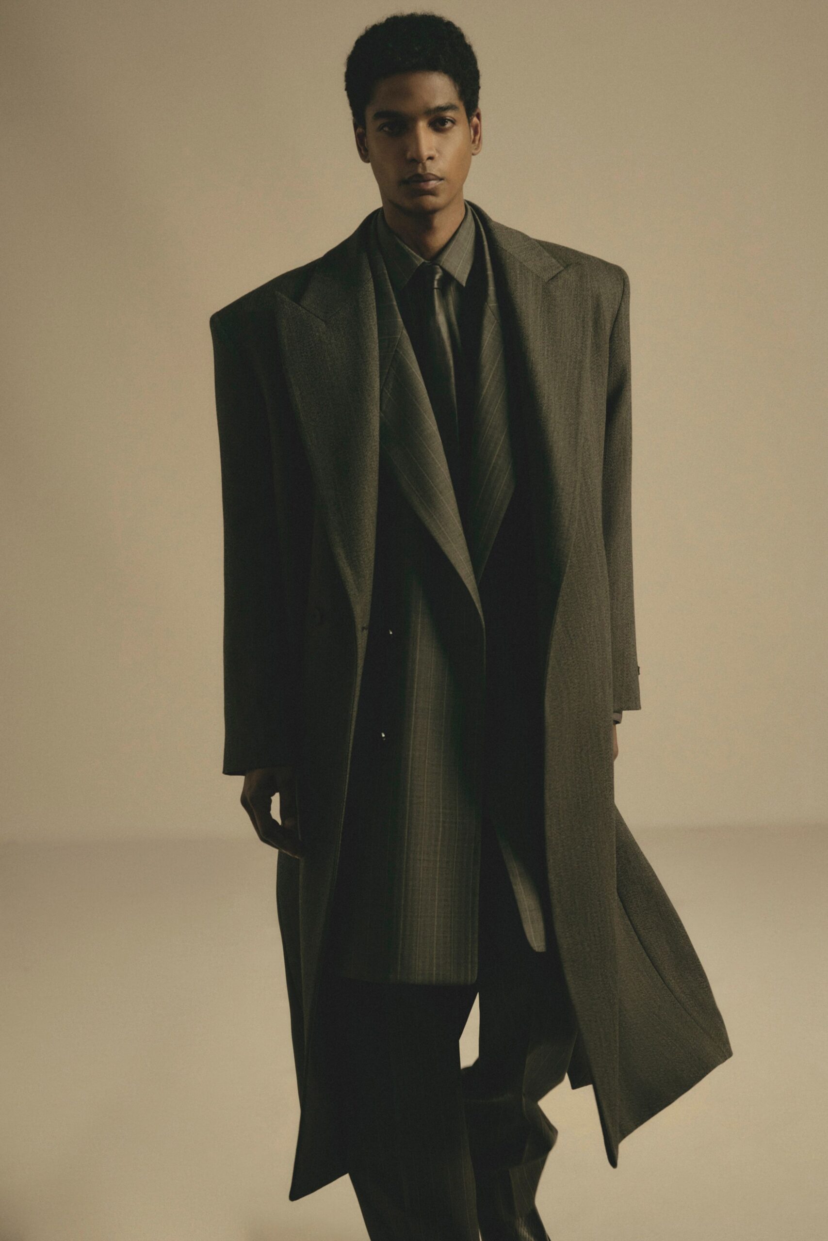 gray wool long-sleeve collared oversized structured maxi coat