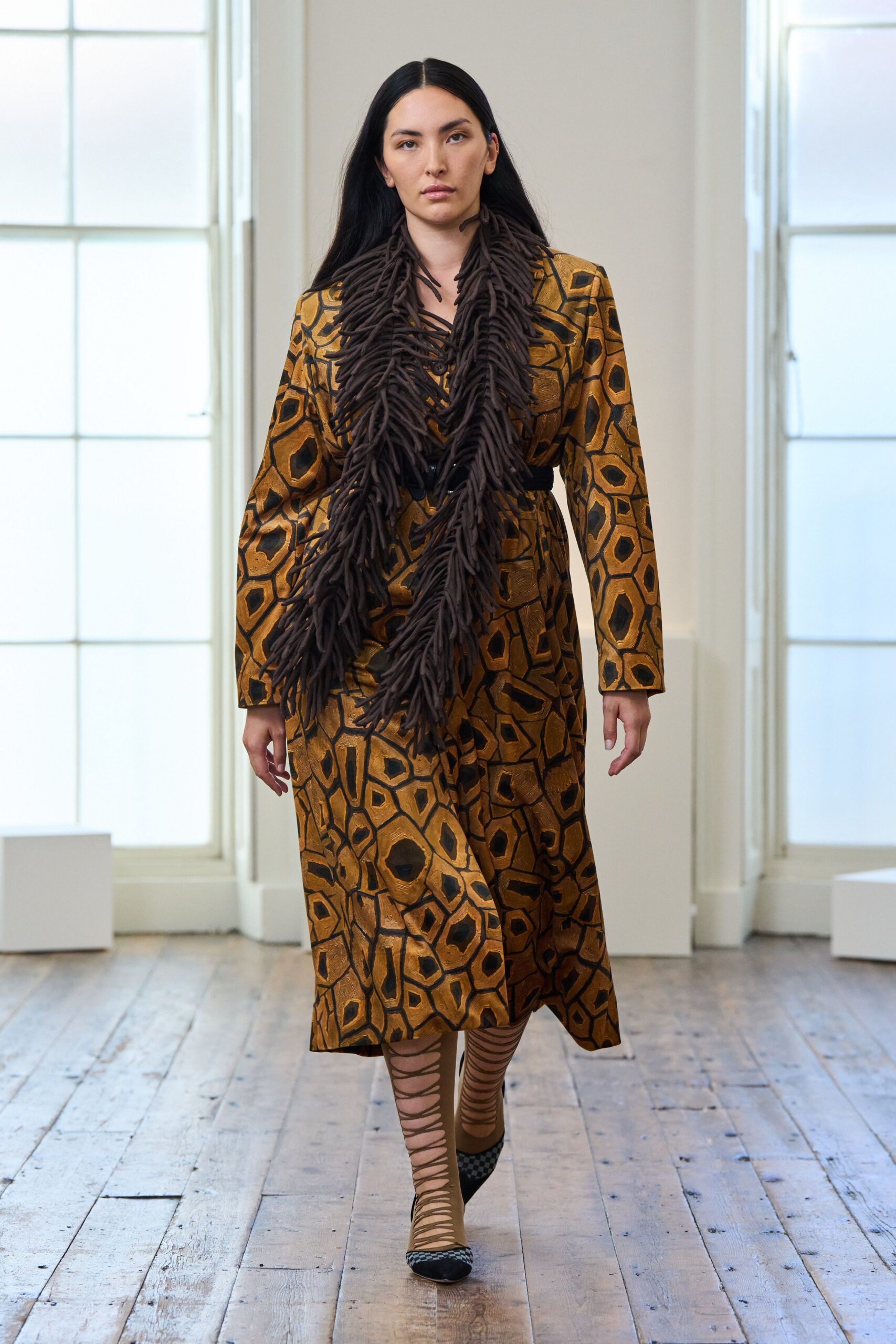 brown silk long-sleeve collared relaxed printed belted dress