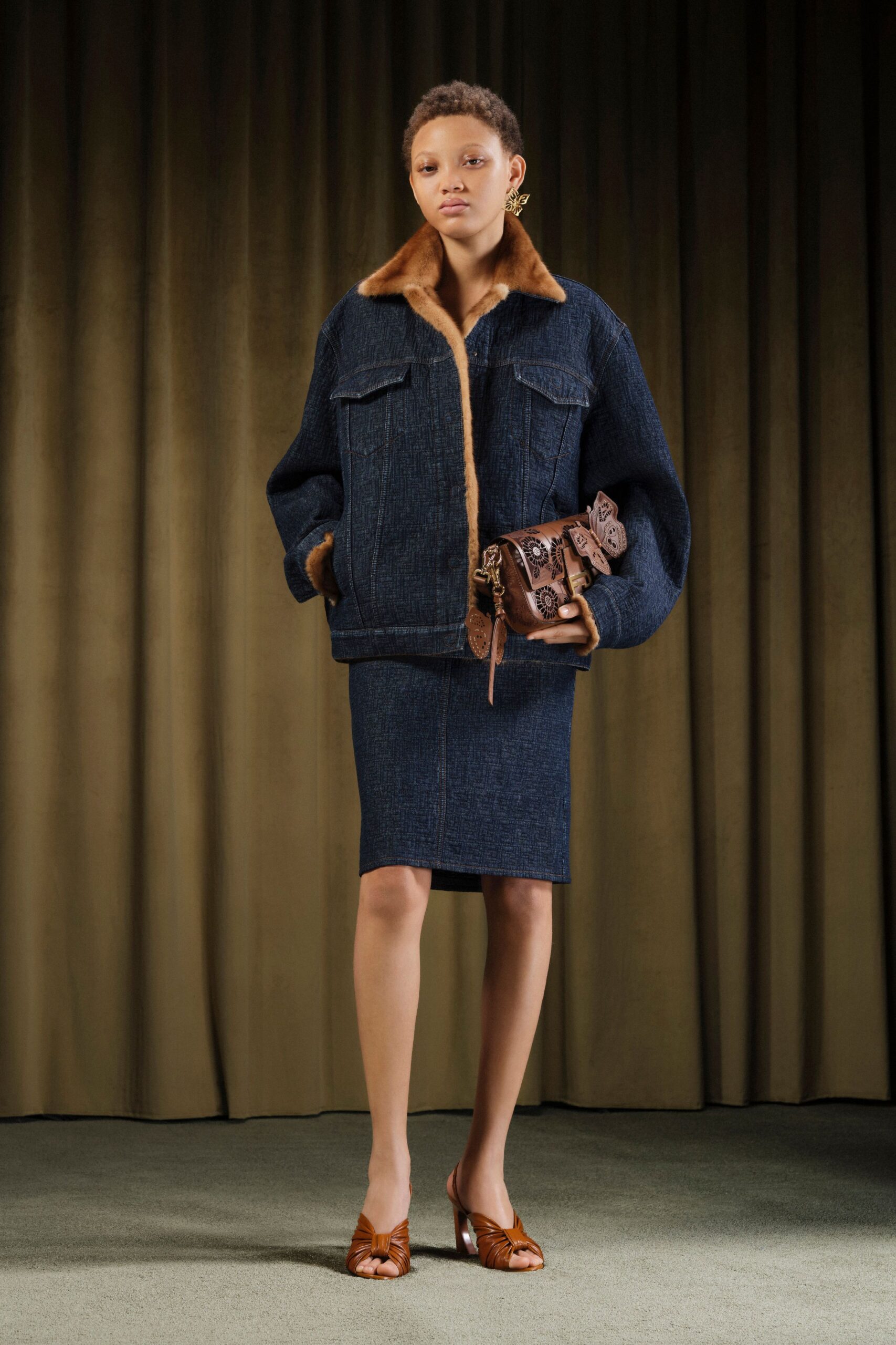 oversized denim jacket with pencil skirt