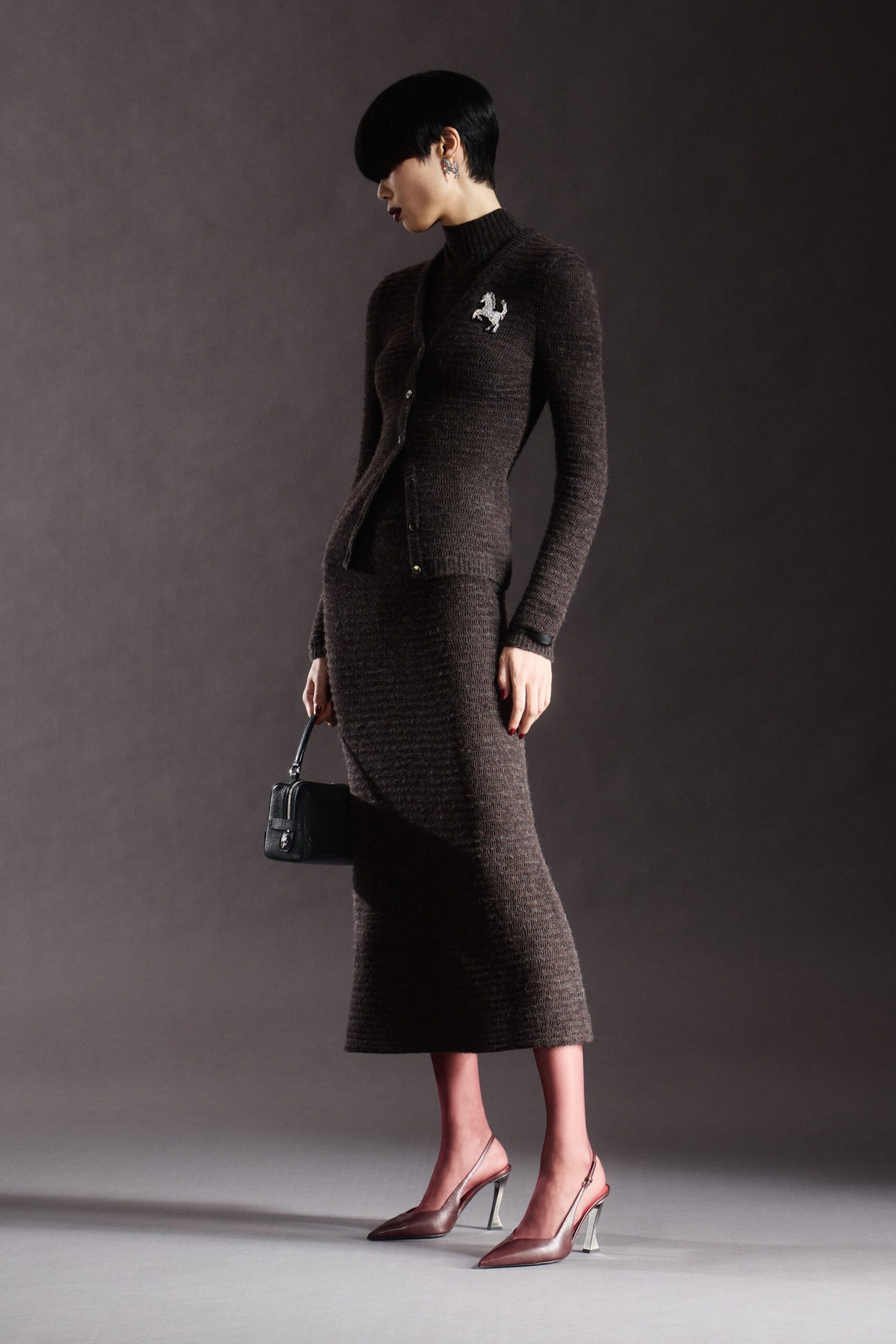 brown wool fitted cardigan and skirt