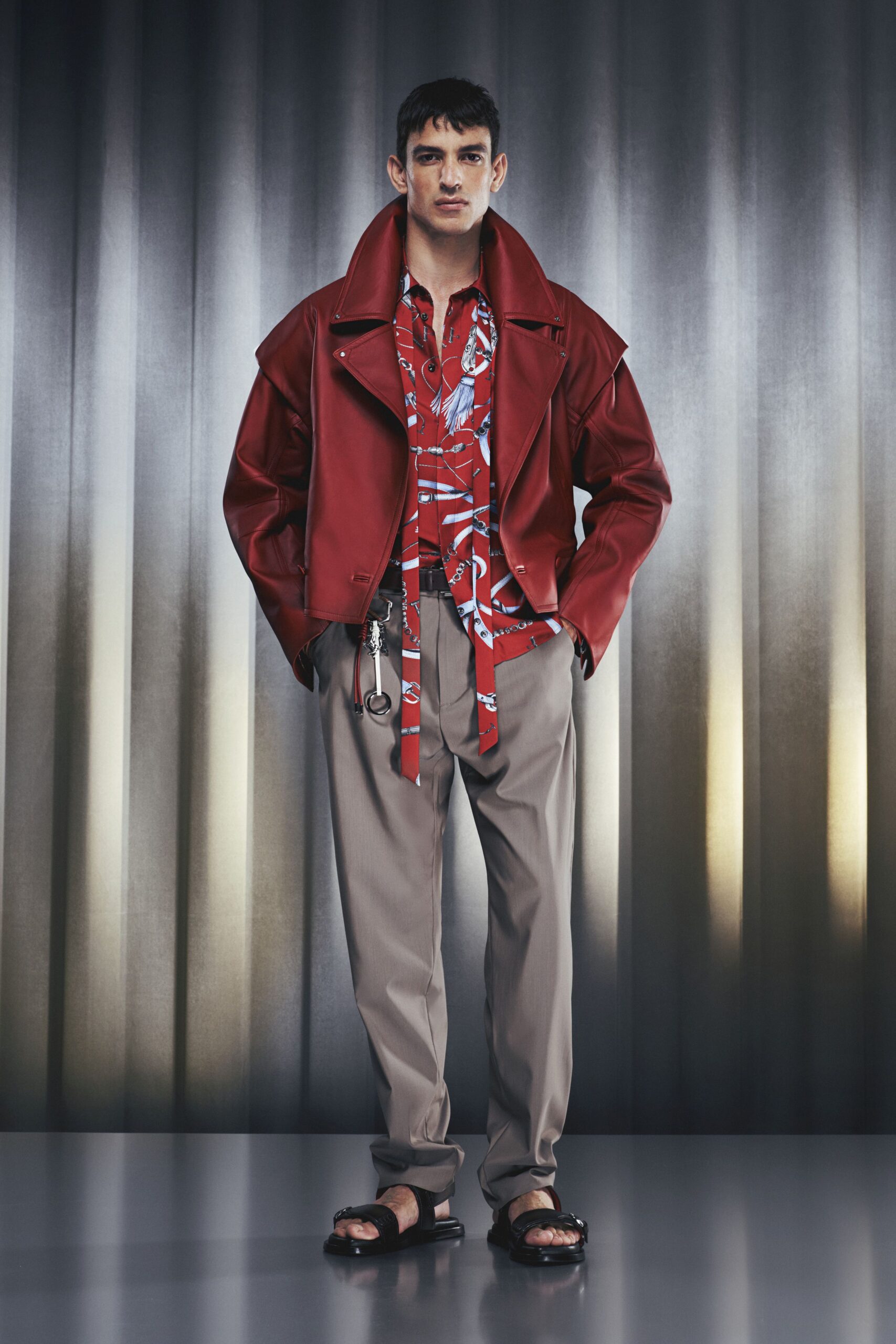 red leather long-sleeve collared fitted zippered jacket