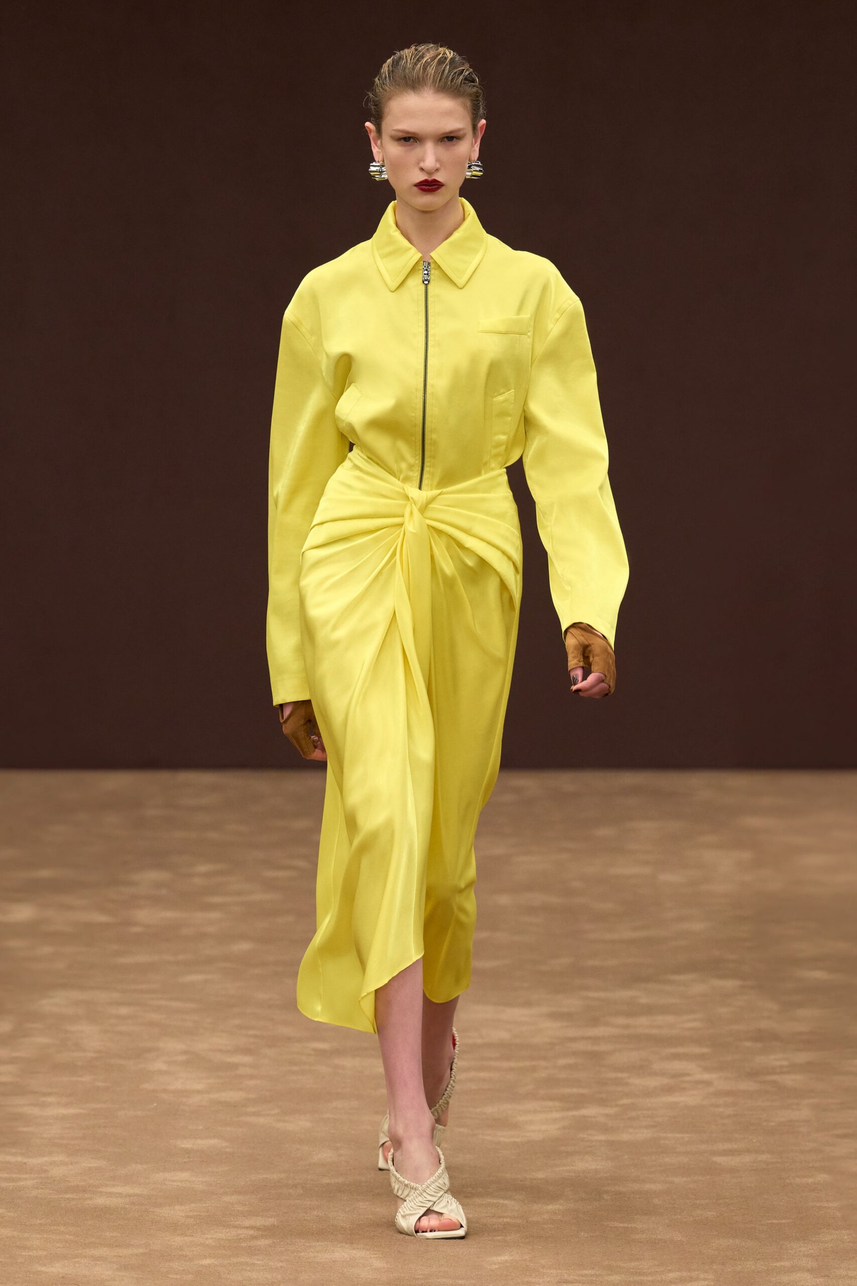 yellow silk long-sleeve collared fitted zippered draped dress