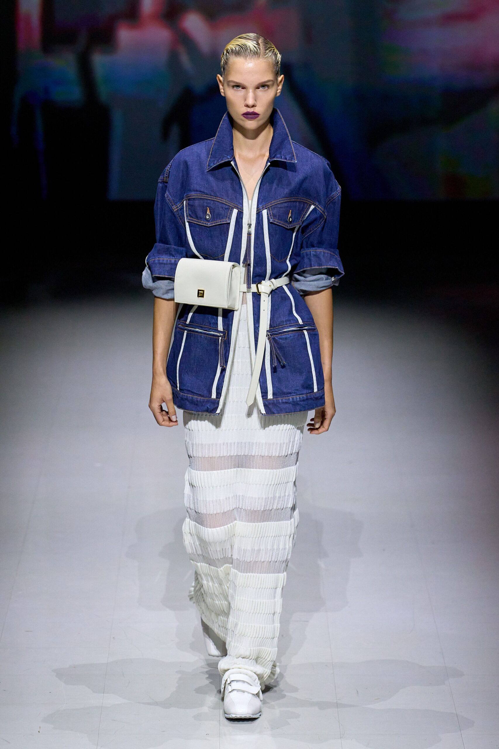 blue denim jacket white pleated dress