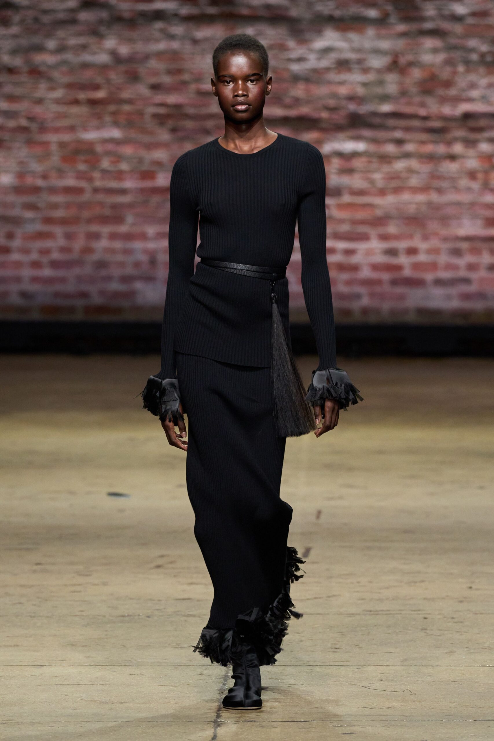 black knit long-sleeve fitted ruffled midi dress