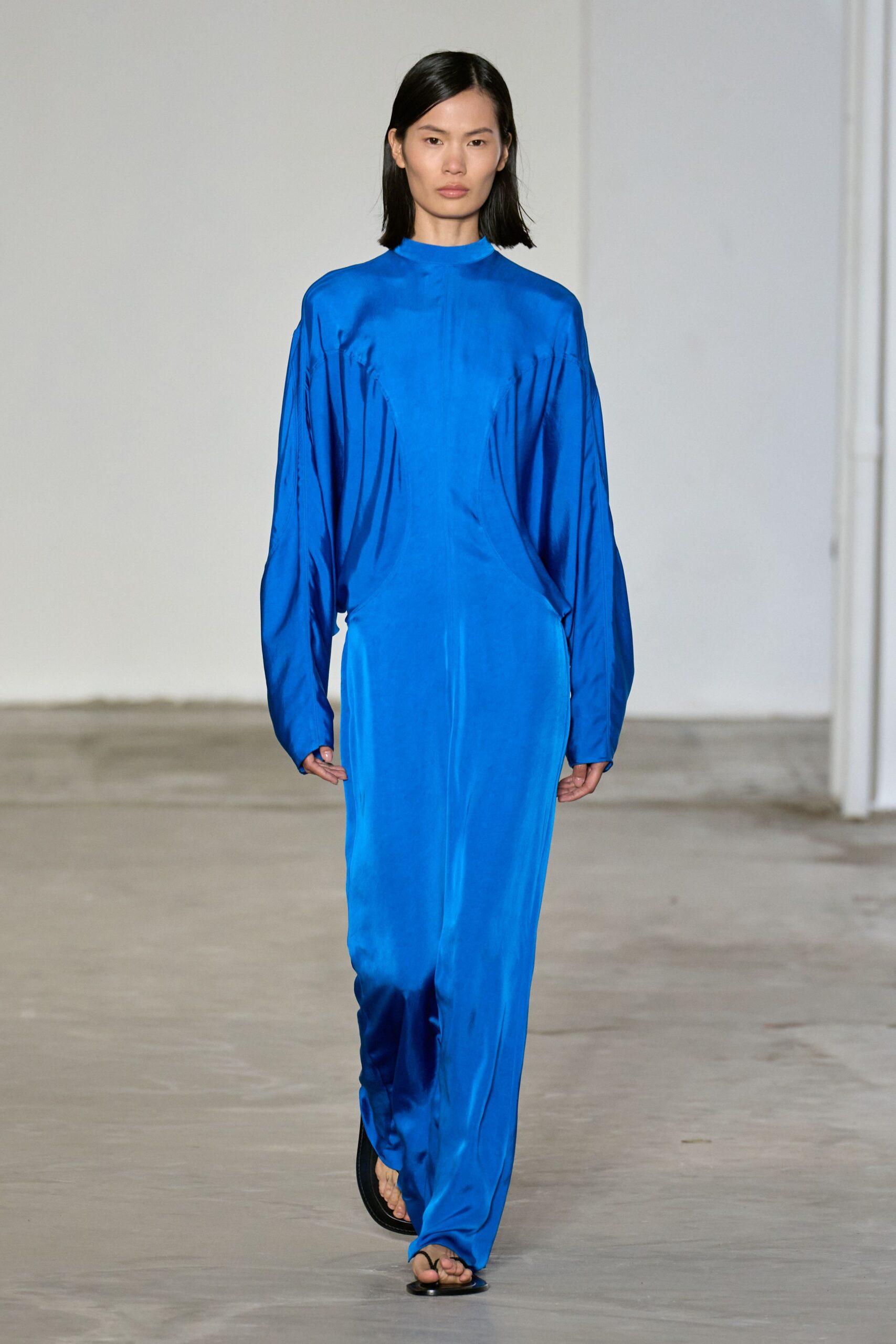 blue silk long-sleeve high-neck fitted draped shiny gown