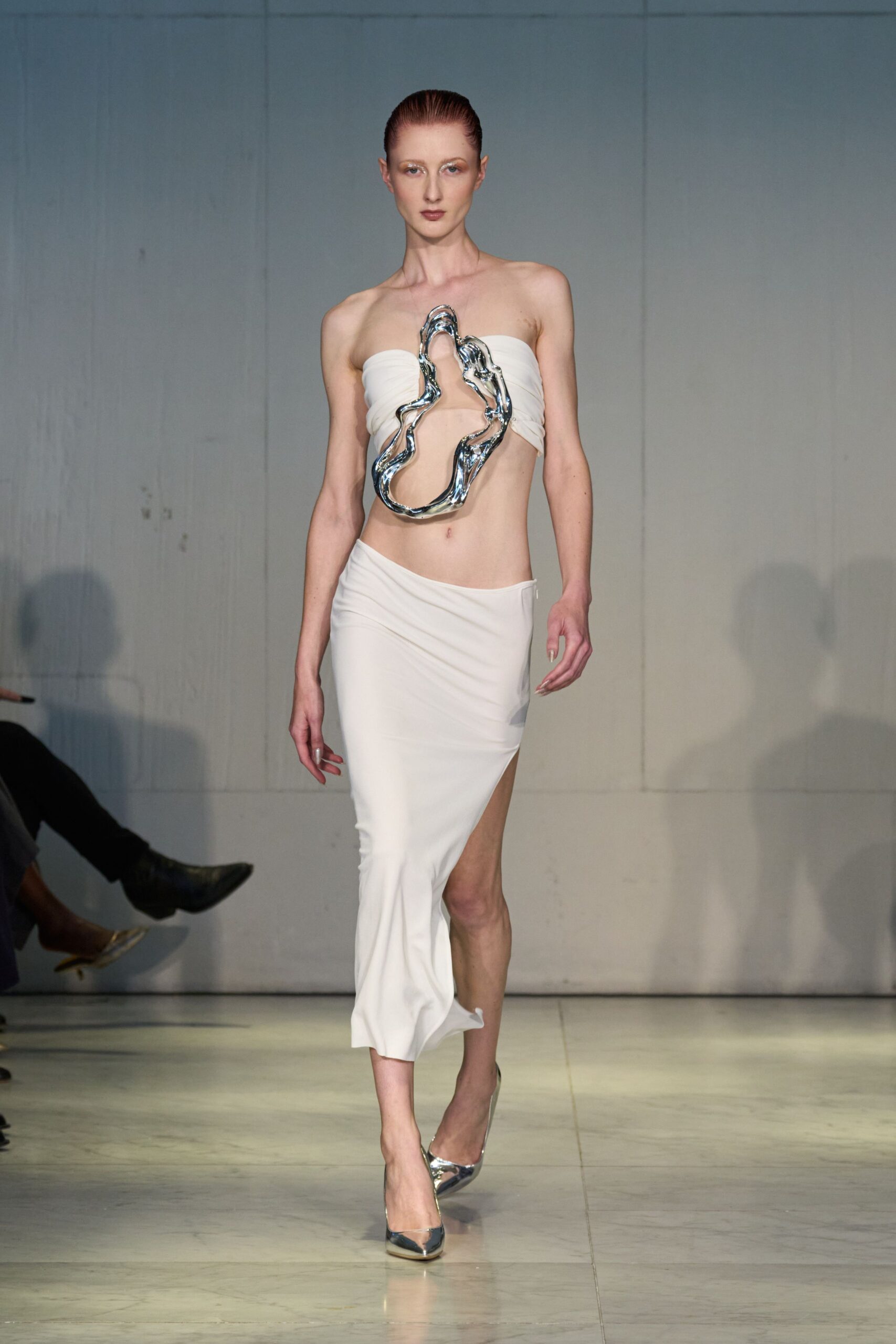 white draped midi dress with silver shoes