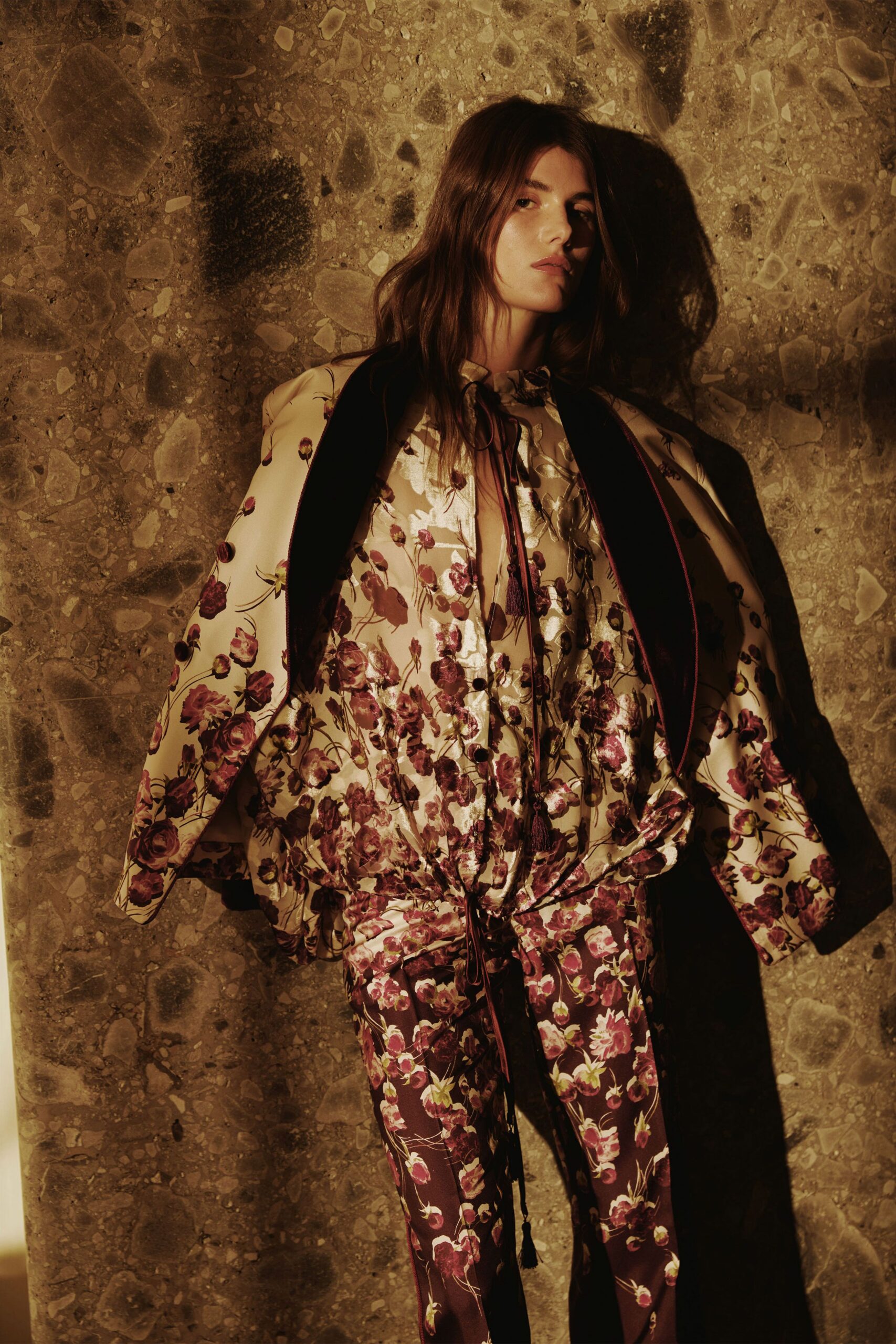 beige silk long-sleeve collared relaxed floral ruffled top