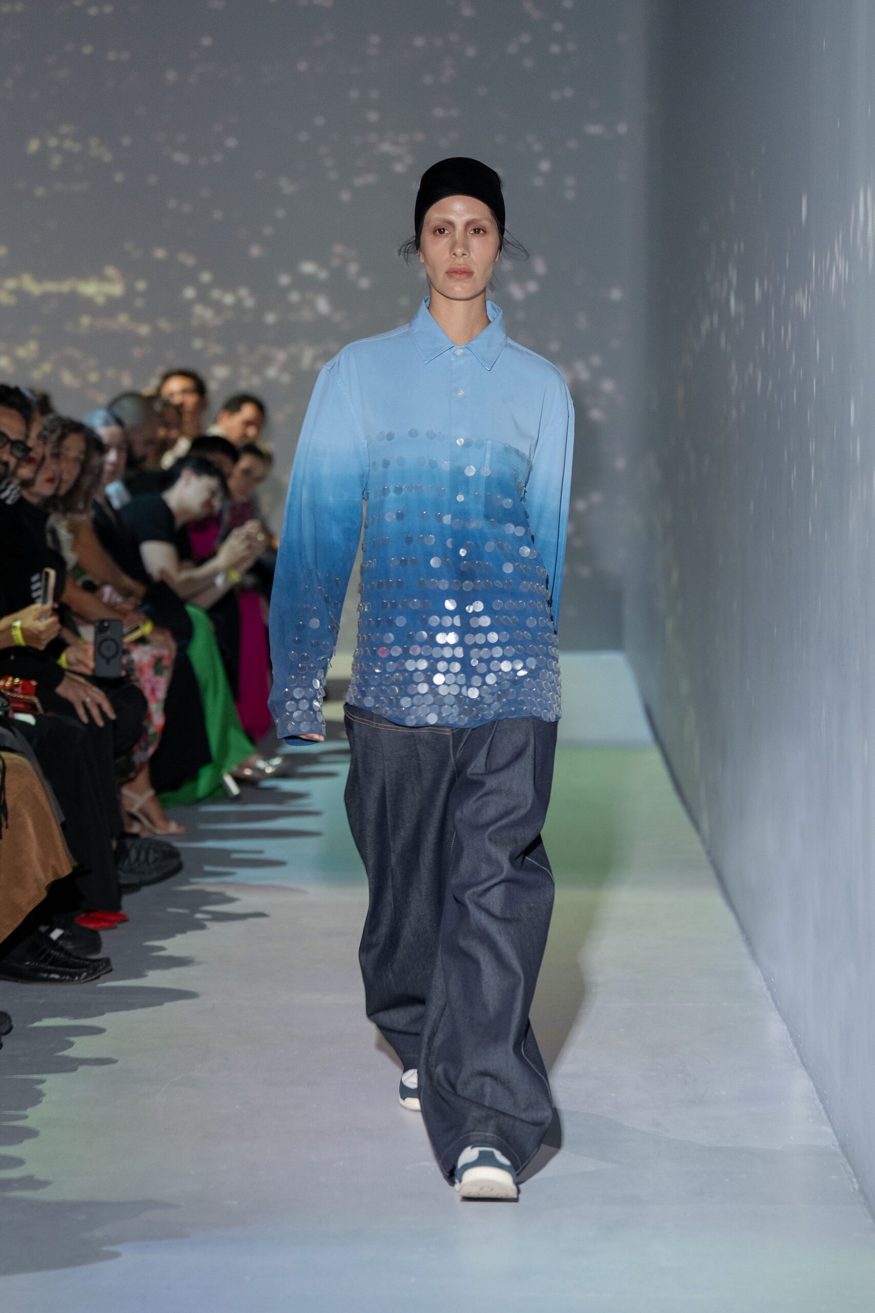 blue cotton long-sleeve collared relaxed color-blocked sequined shirt