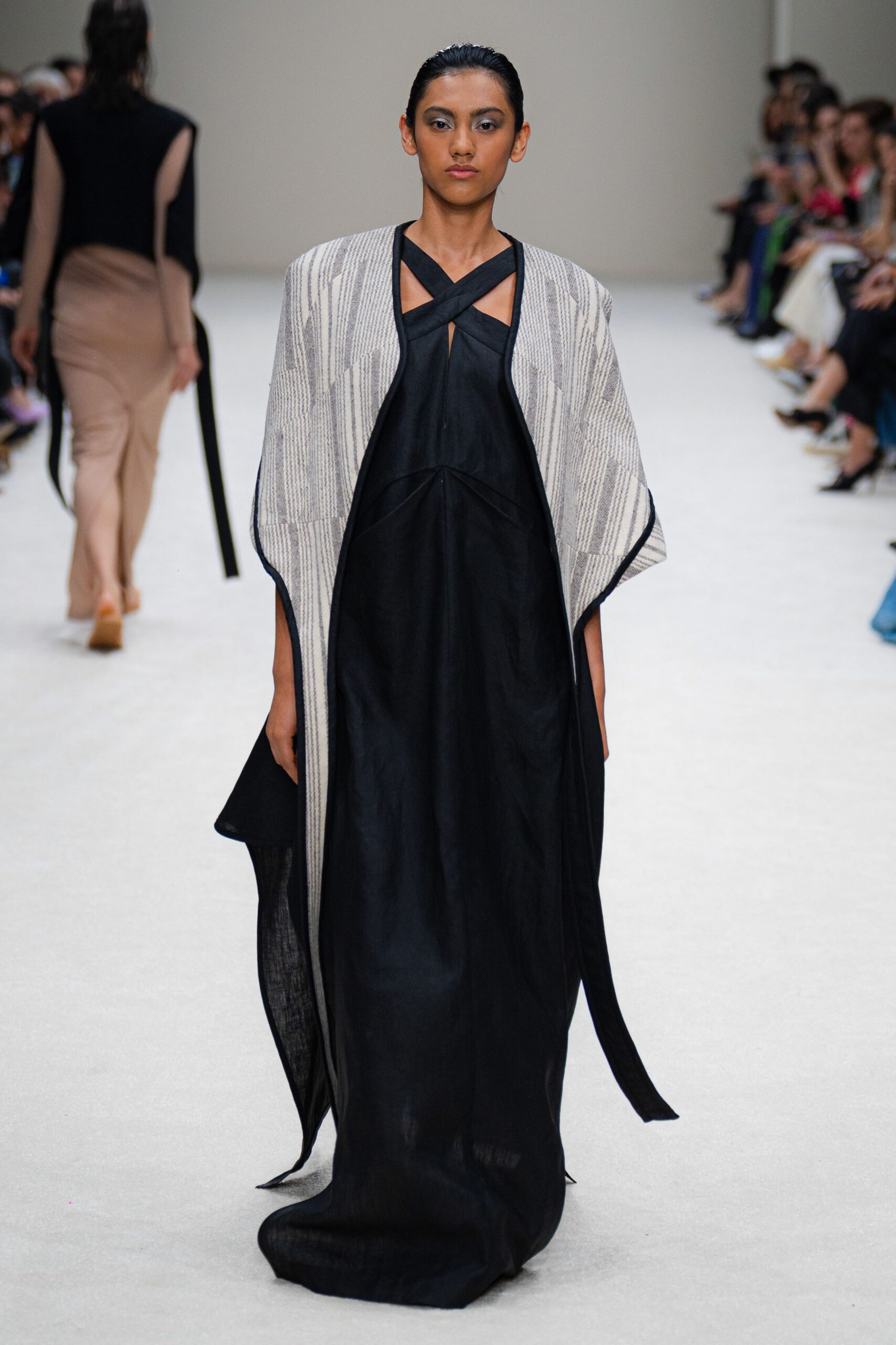 black relaxed maxi dress with cape