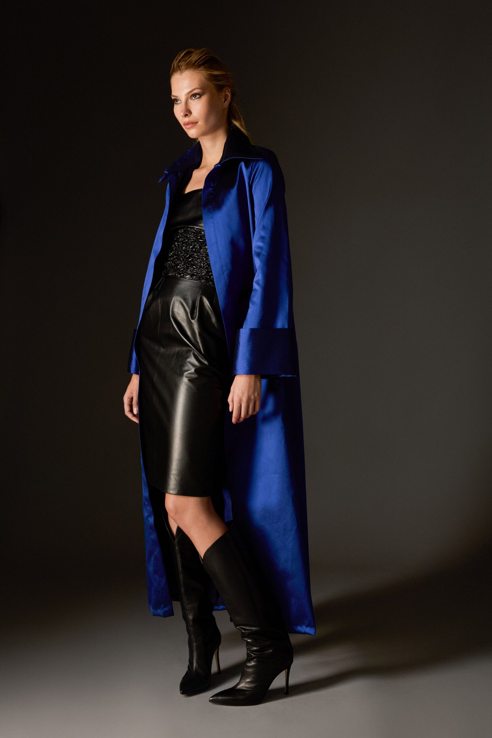 blue silk coat with black top