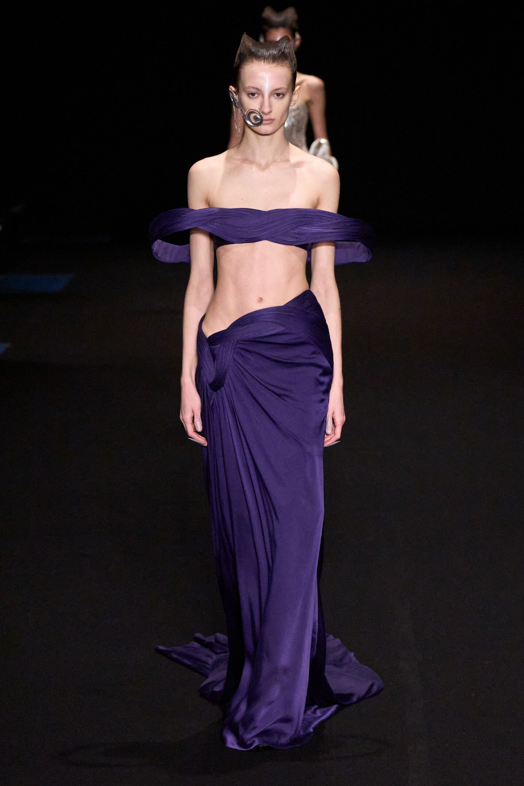 purple silk strapless gown