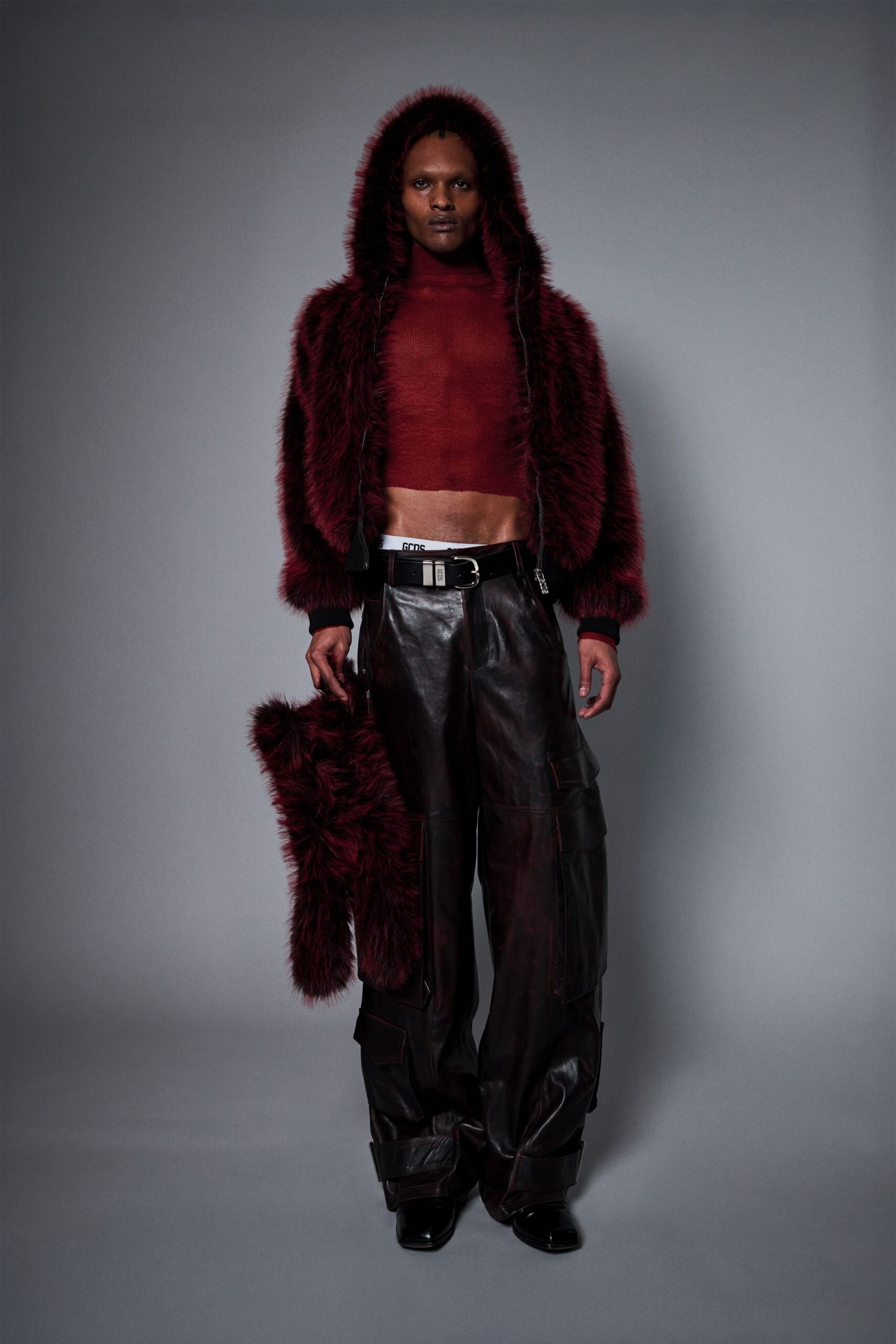 red faux-fur long-sleeve hooded fitted top