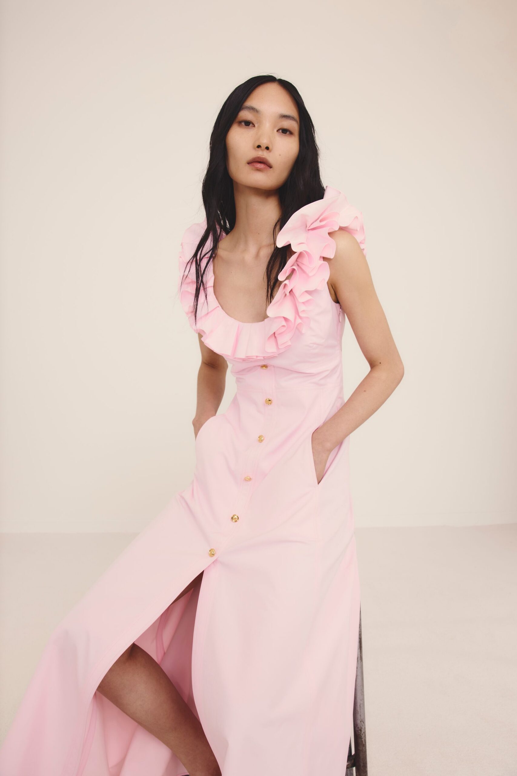 pink ruffled maxi dress