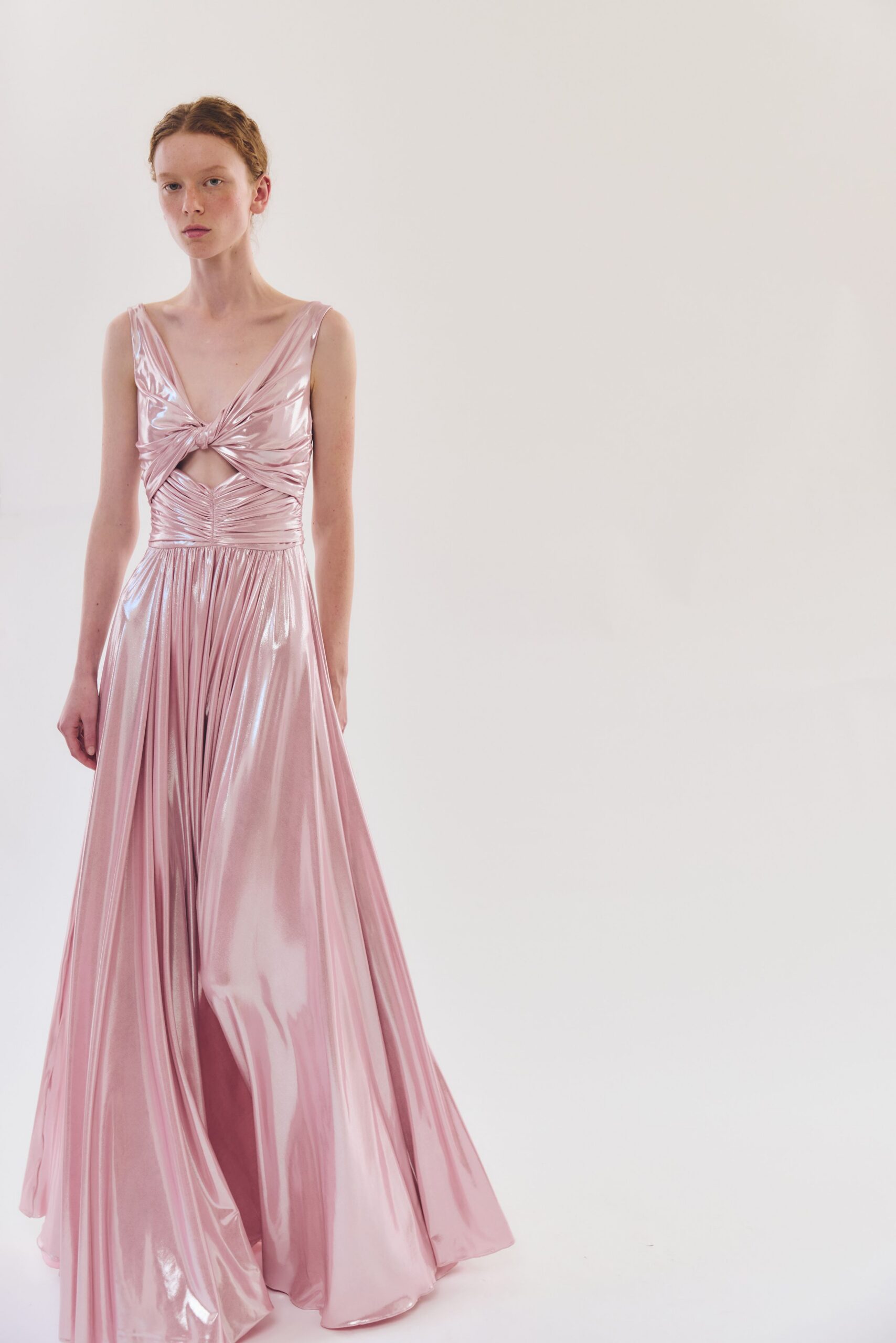 pink satin sleeveless gown