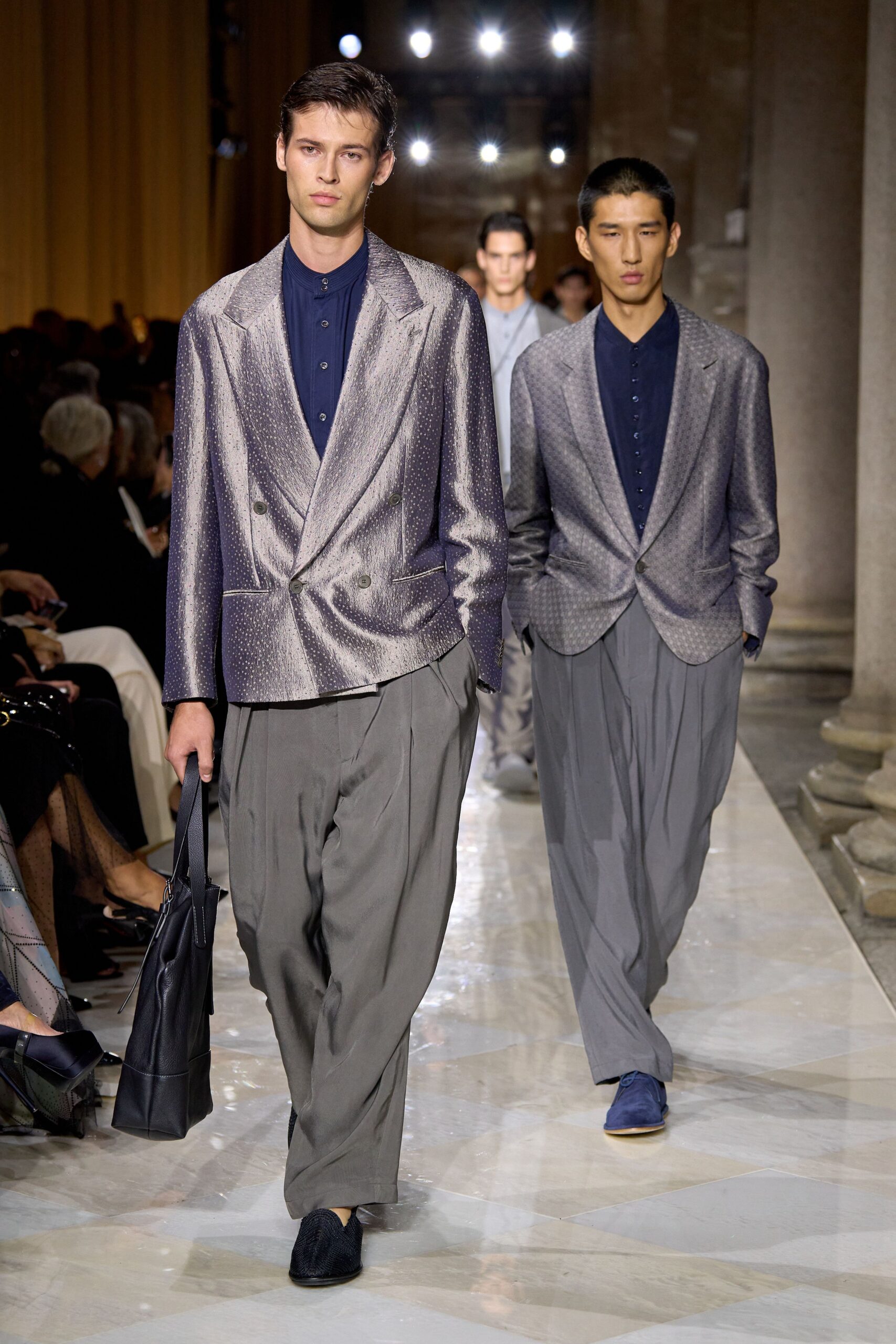 gray silk long-sleeve collared tailored textured blazer