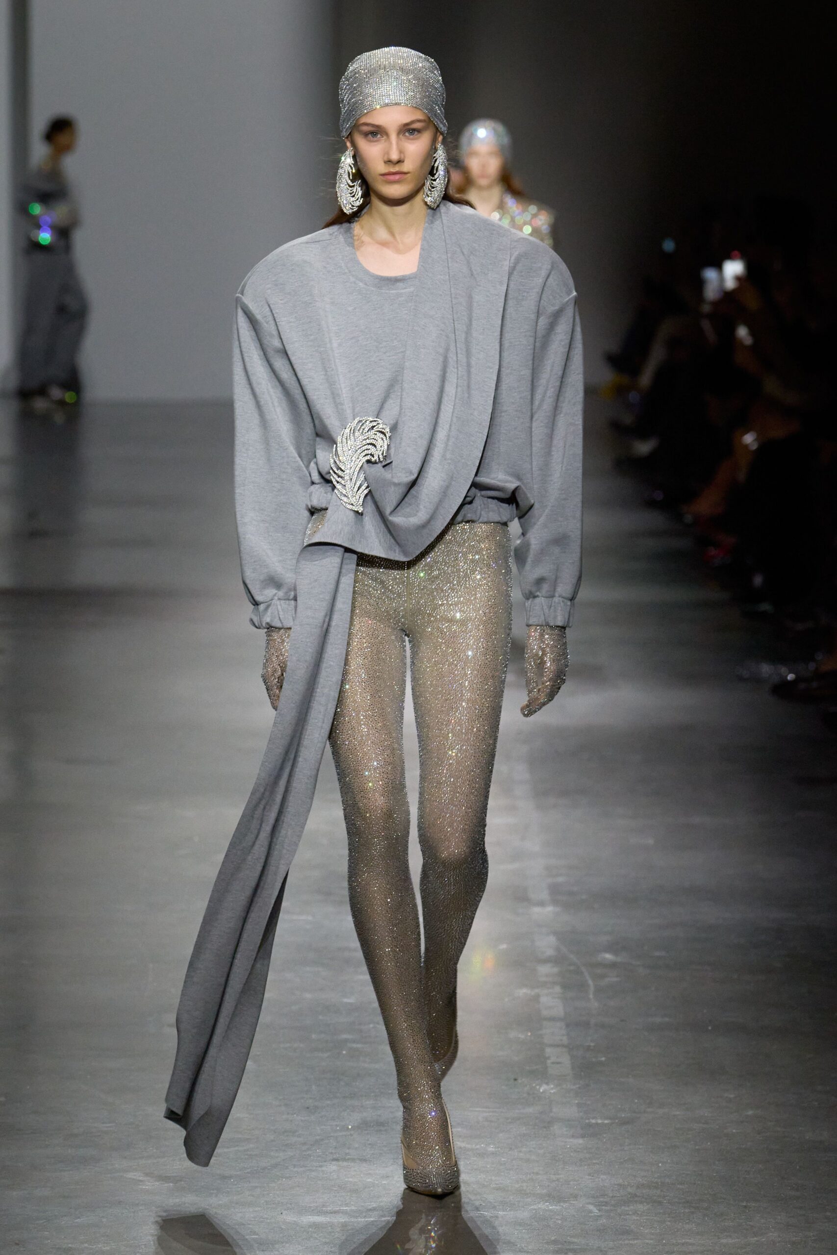 gray metallic fitted shiny pants