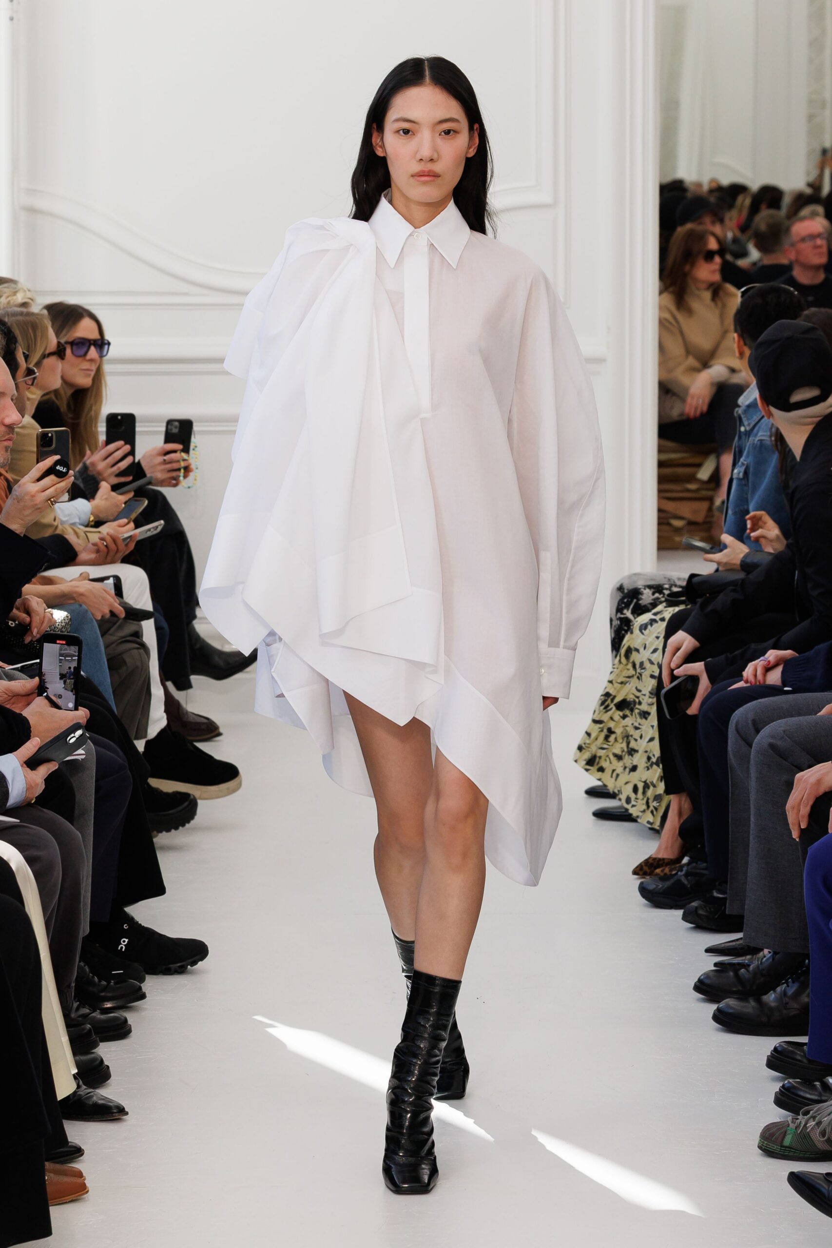 white cotton long-sleeve collared relaxed draped mini shirt-dress