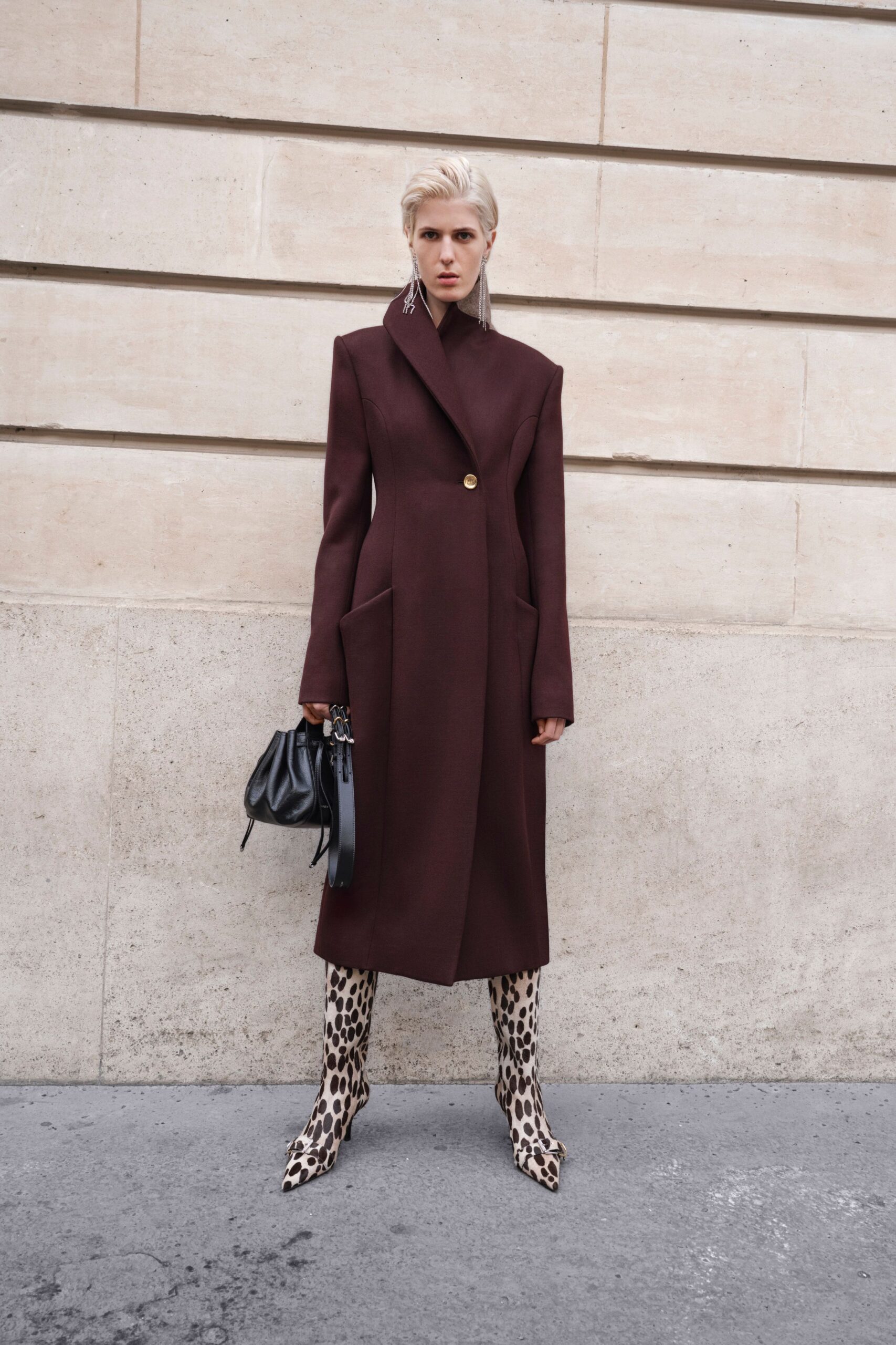 maroon wool long-sleeve collared structured buttoned pockets coat
