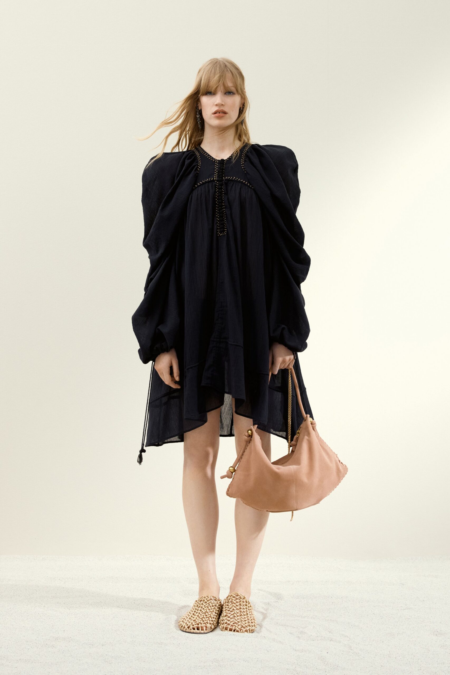 black cotton long-sleeve collared relaxed pleated mini dress