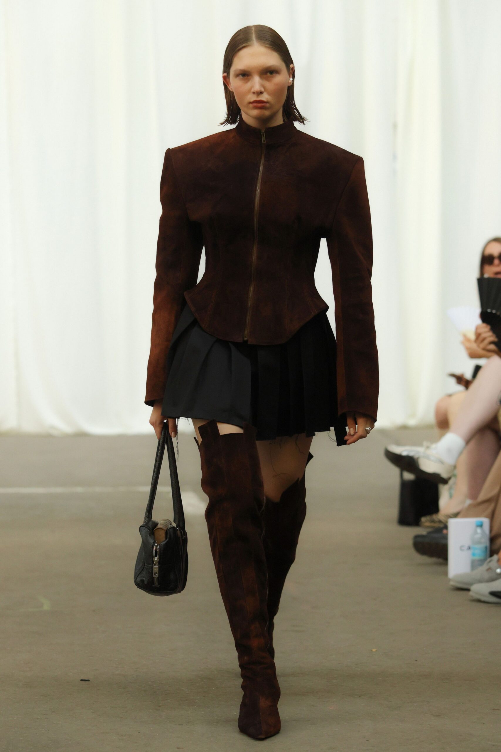 brown suede long-sleeve collared structured zippered jacket