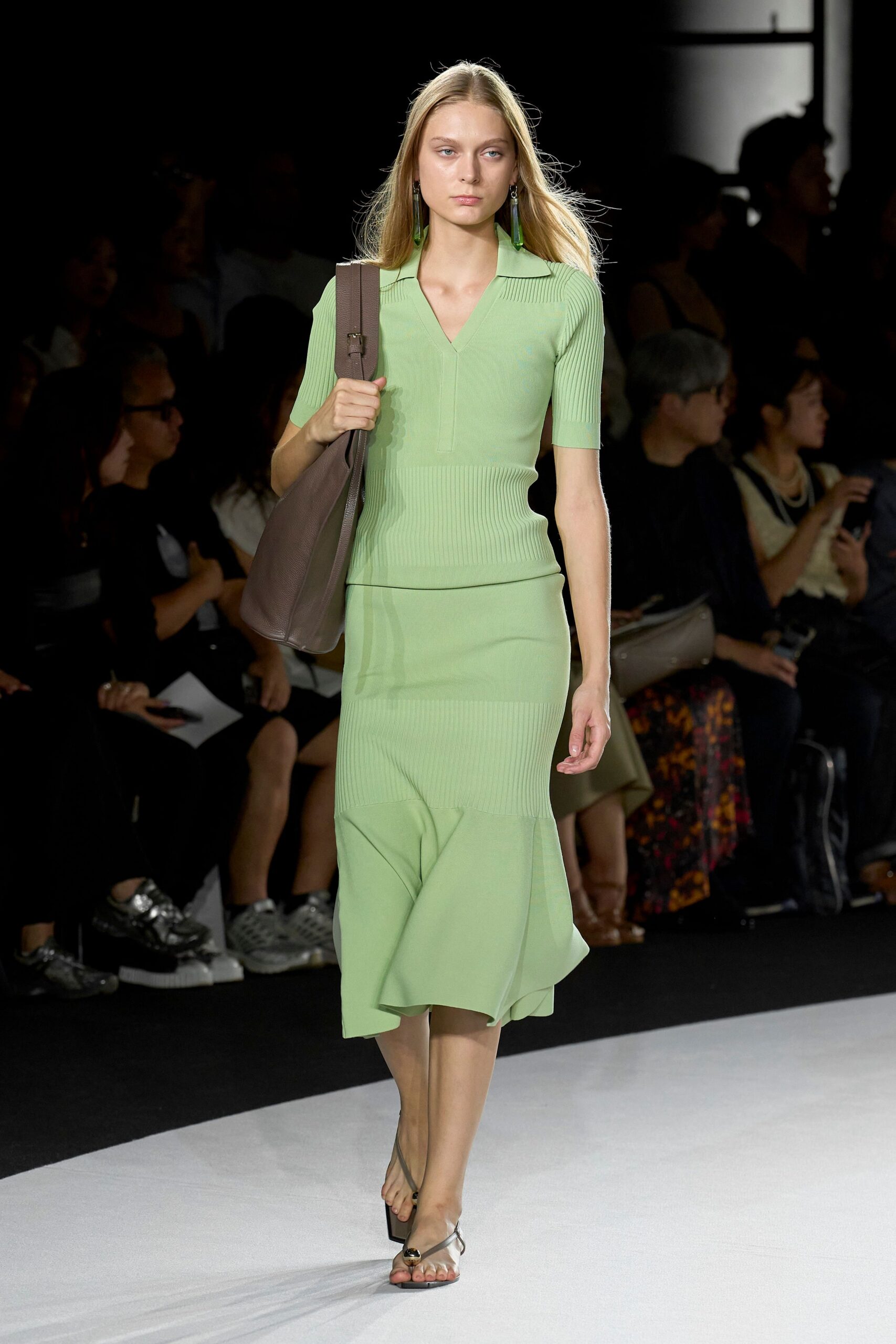 green knit short-sleeve v-neck fitted ribbed flared dress