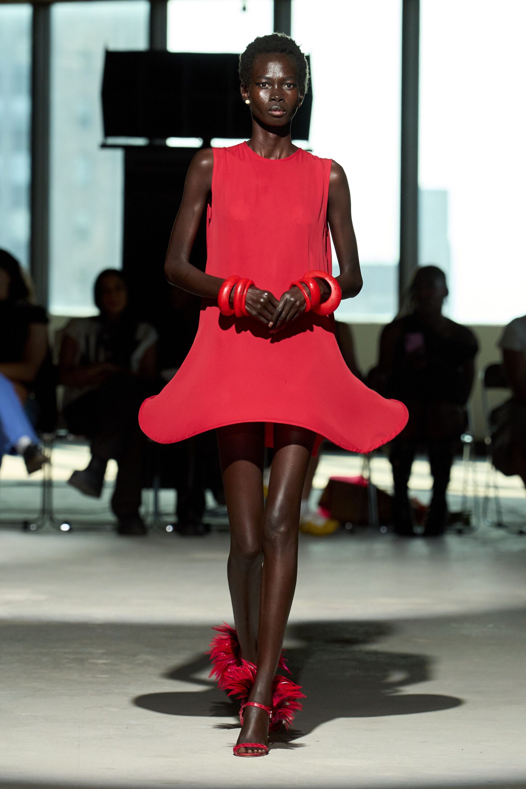red silk sleeveless high-neck fitted mini dress