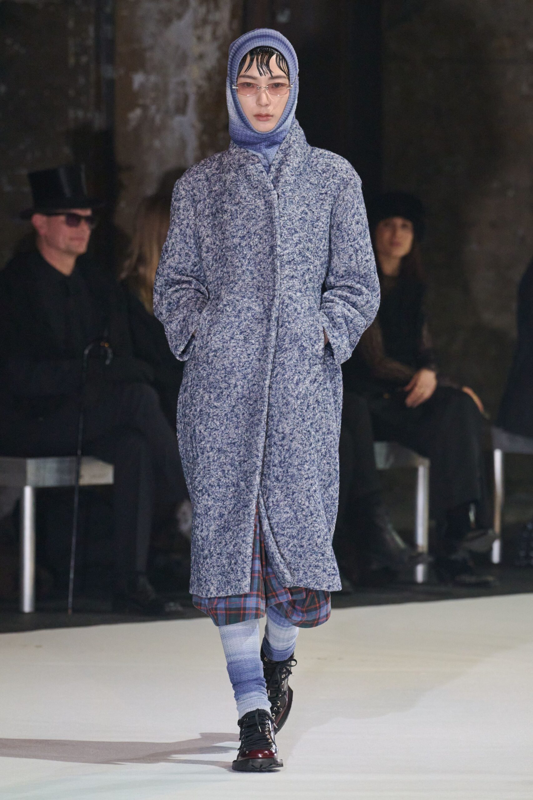 blue wool long-sleeve collared relaxed buttoned midi coat