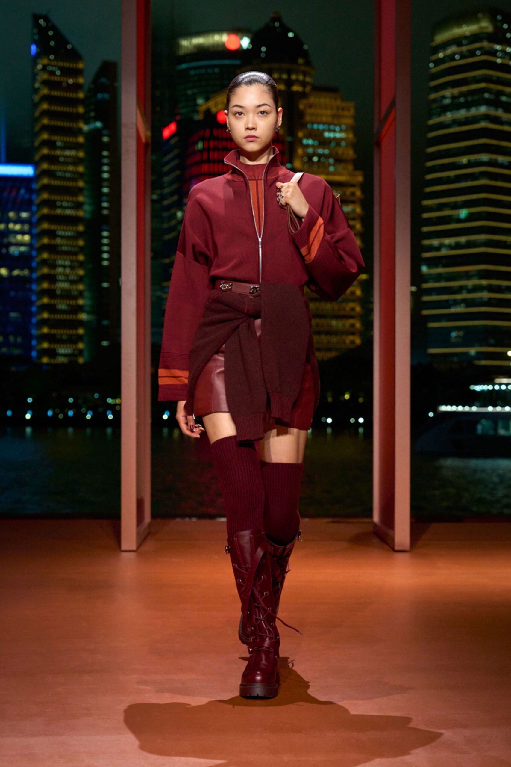red fitted jacket and skirt