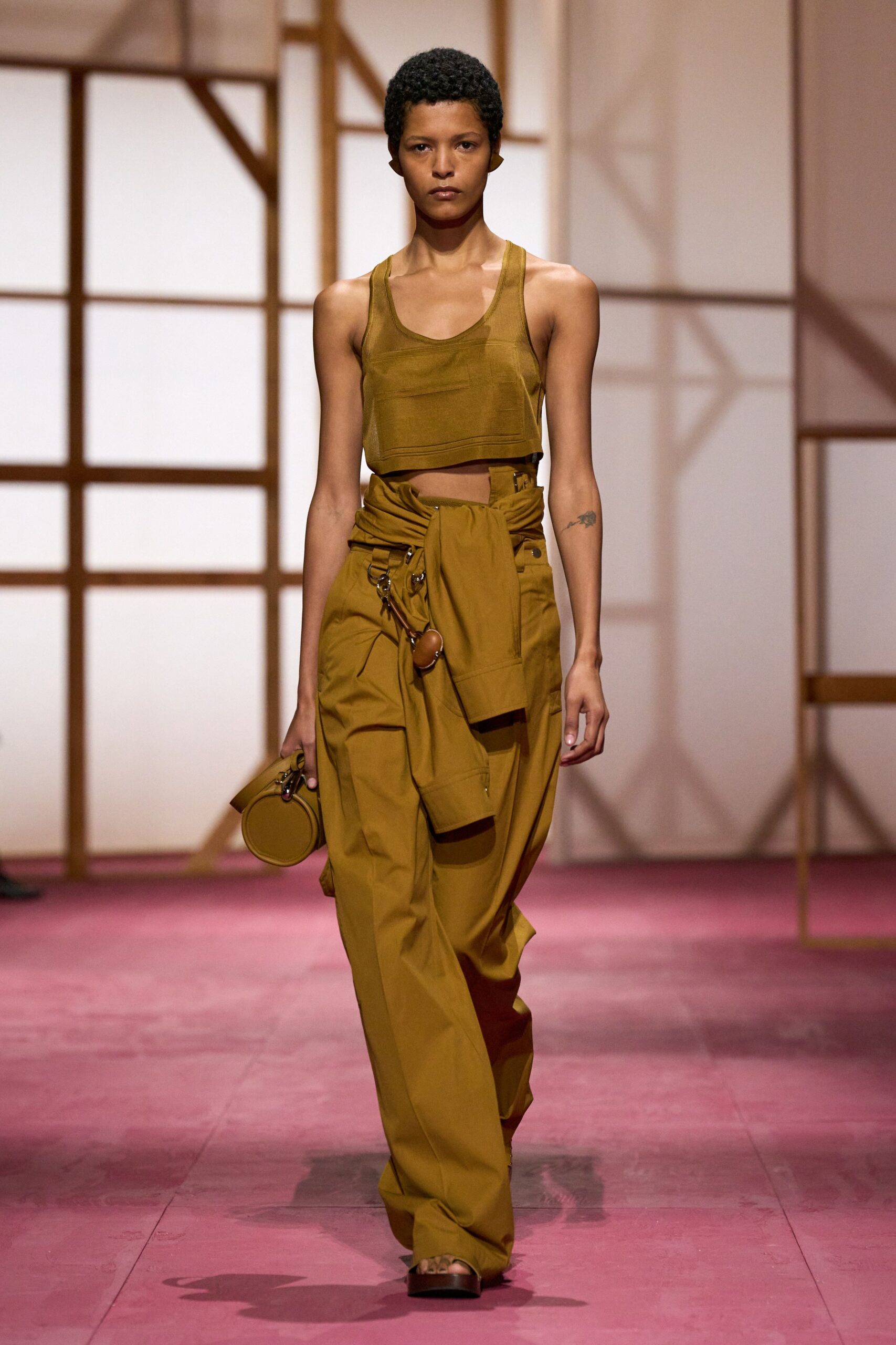 brown cotton sleeveless high-neck fitted cropped tank-top