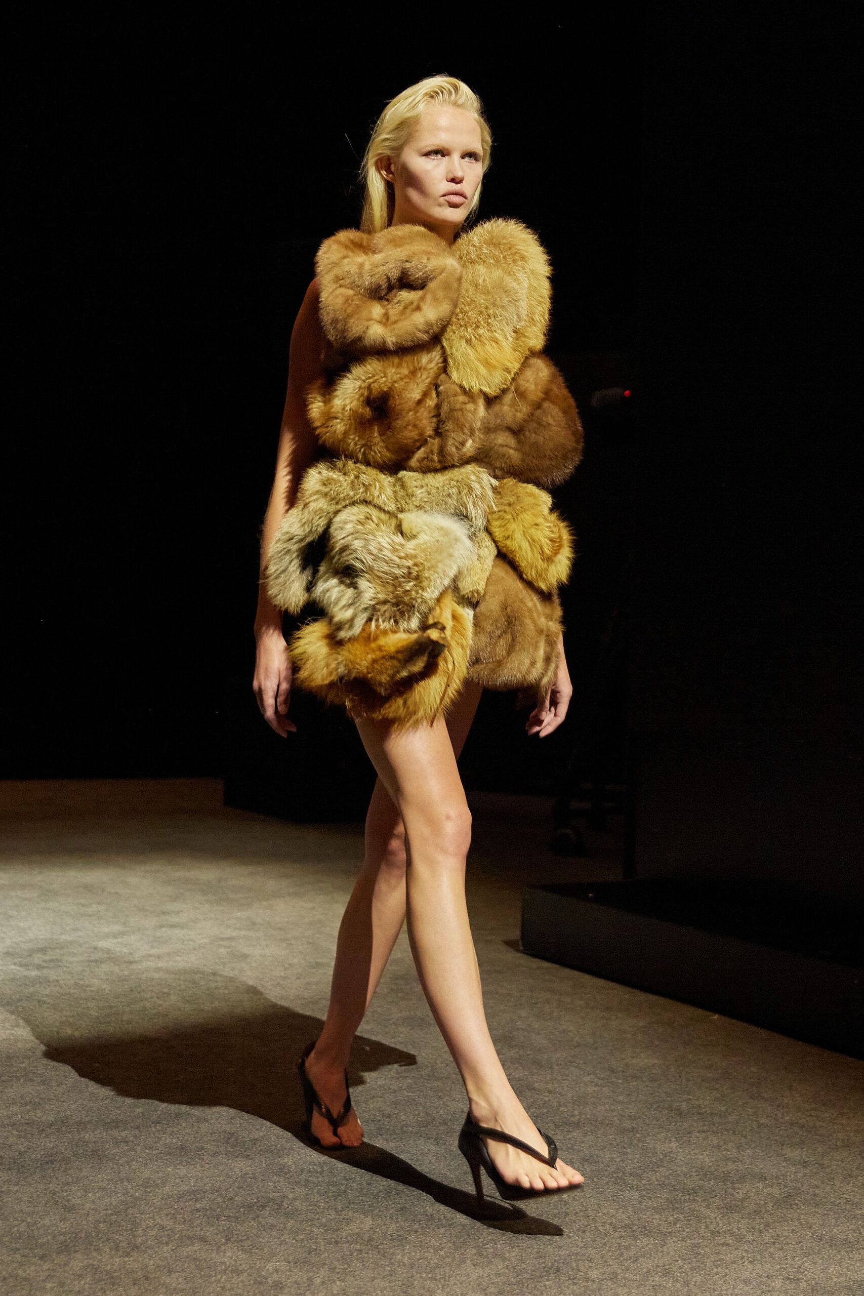 brown fur sleeveless fitted layered mini dress