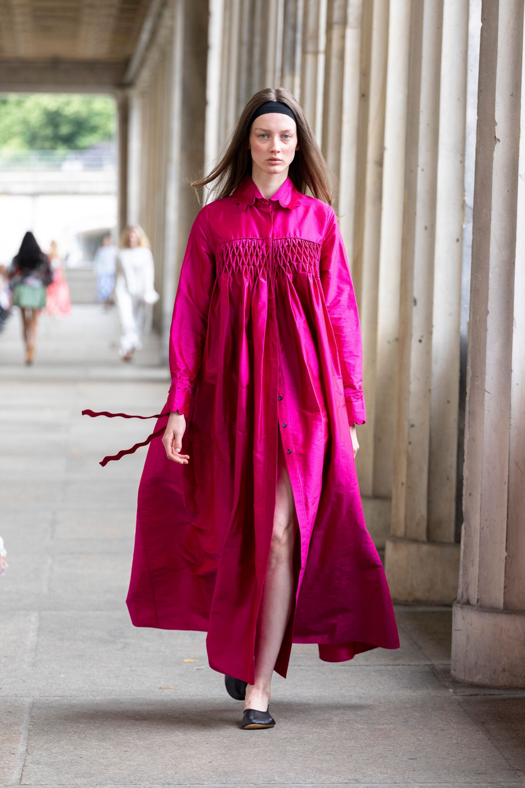 pink silk long-sleeve collared relaxed pleated buttoned dress